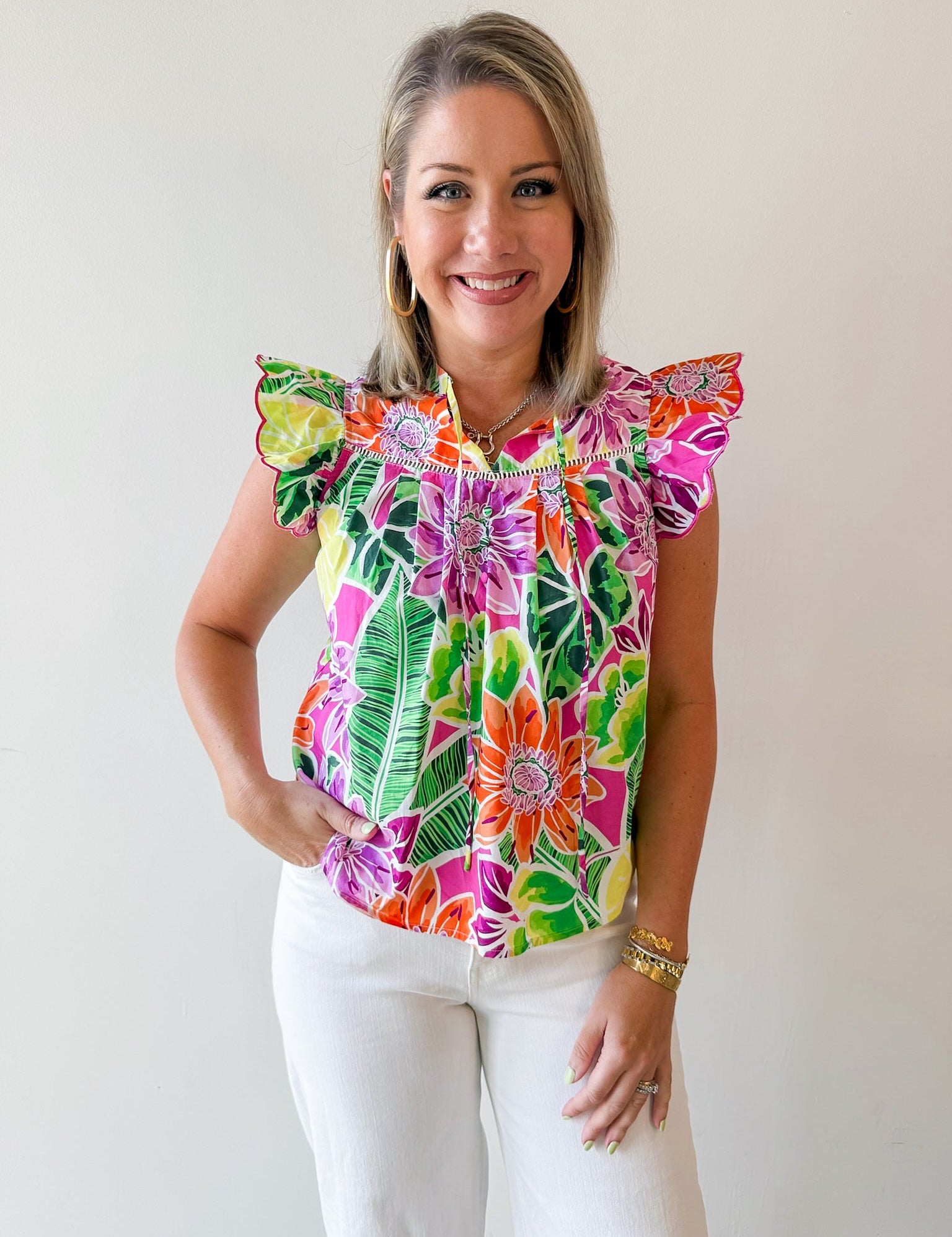 Tropical Print Keyhole Top