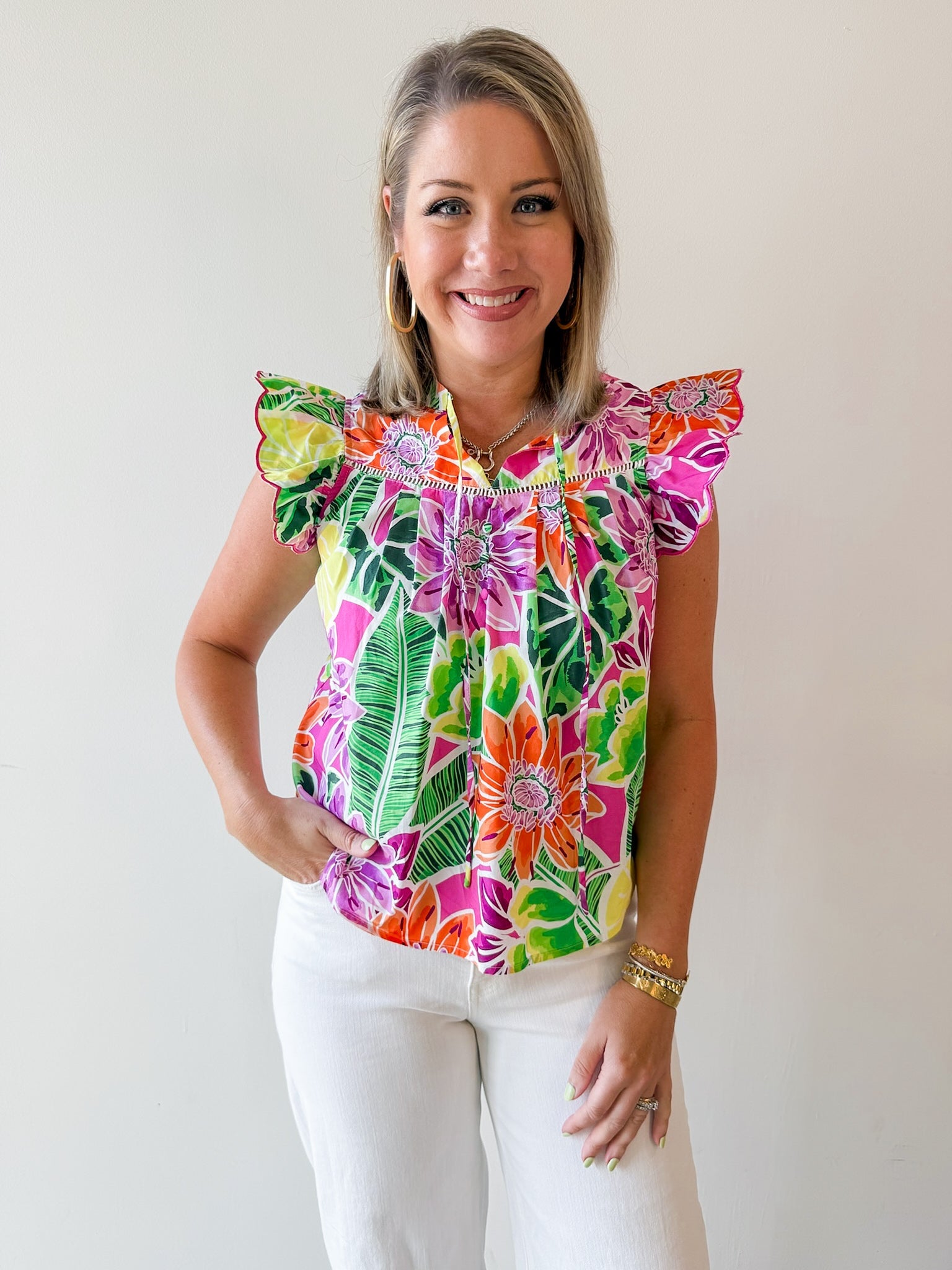 Tropical Print Keyhole Top