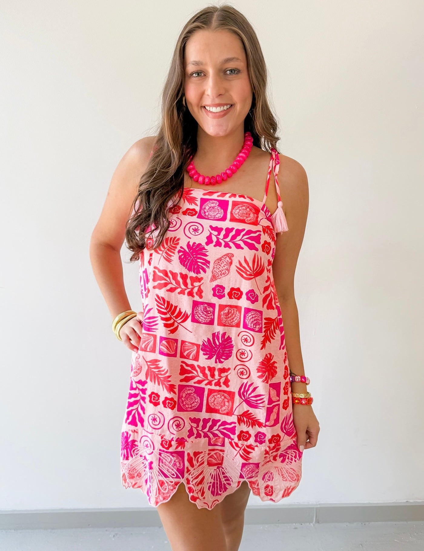 Tropical Print Tasseled Dress - Pink