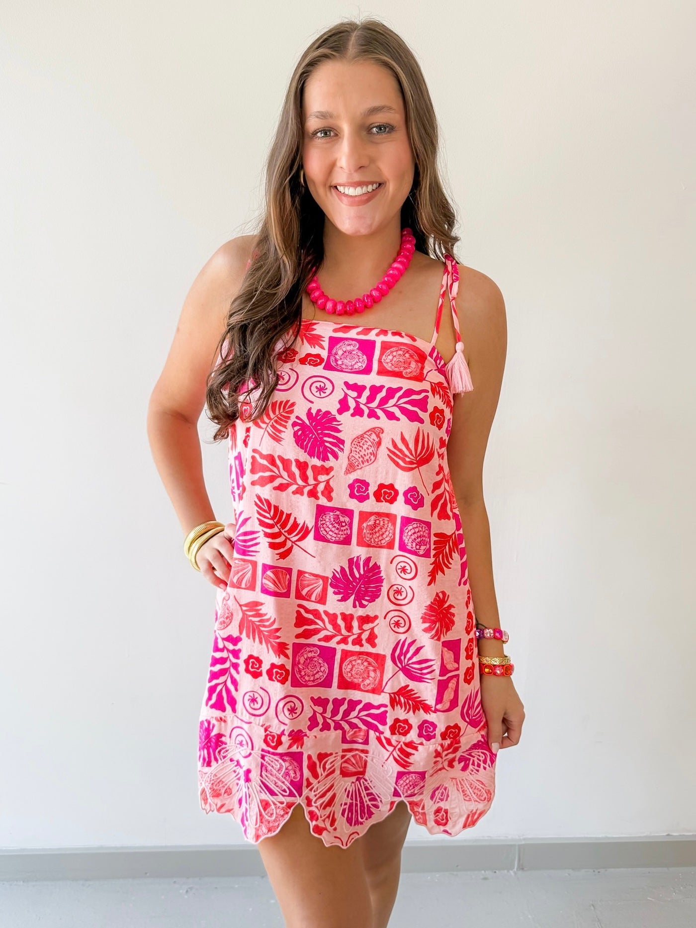 Tropical Print Tasseled Dress - Pink
