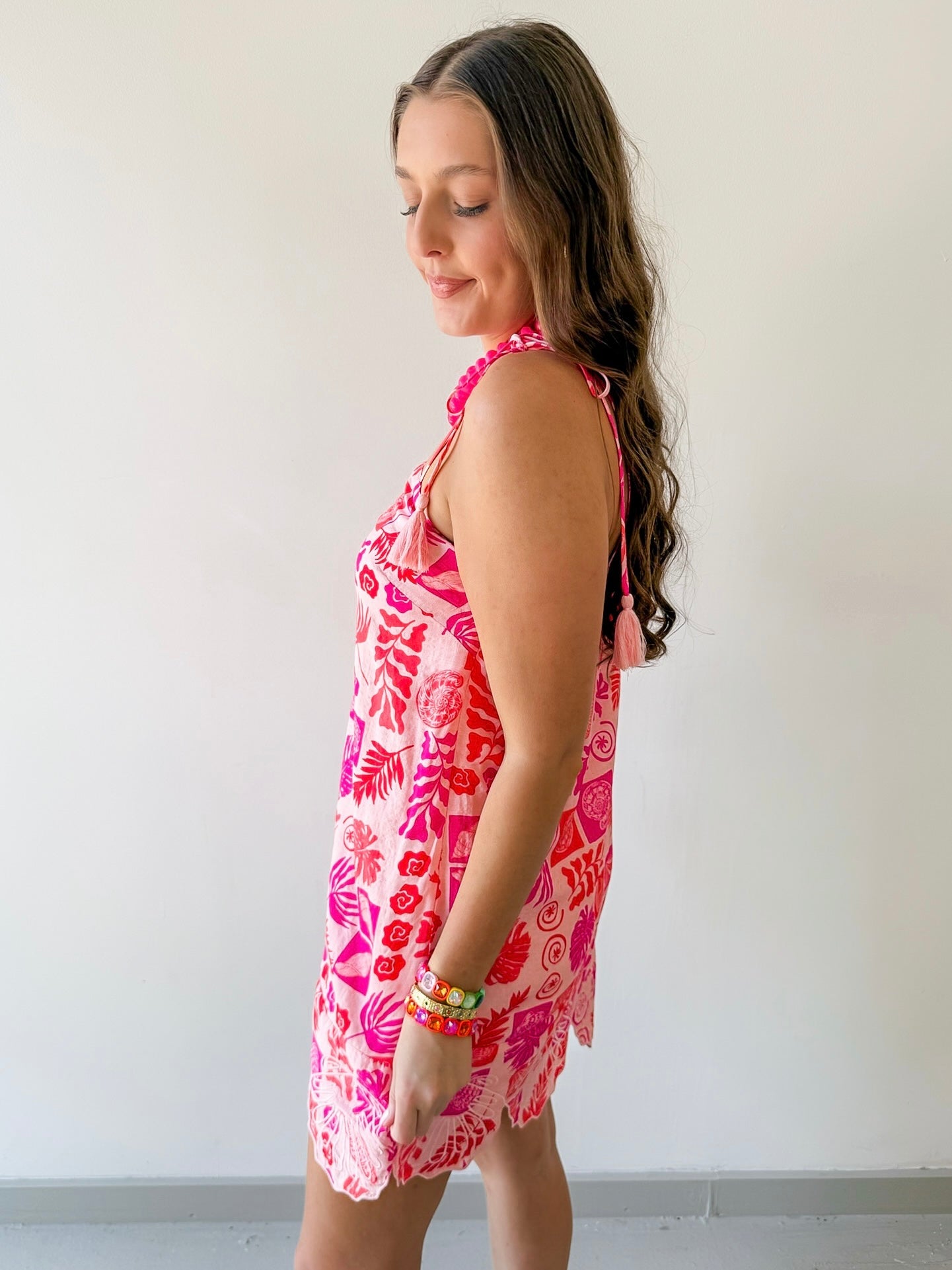 Tropical Print Tasseled Dress - Pink