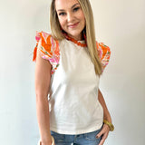 Tropical Ruffle Sleeve Knit Top