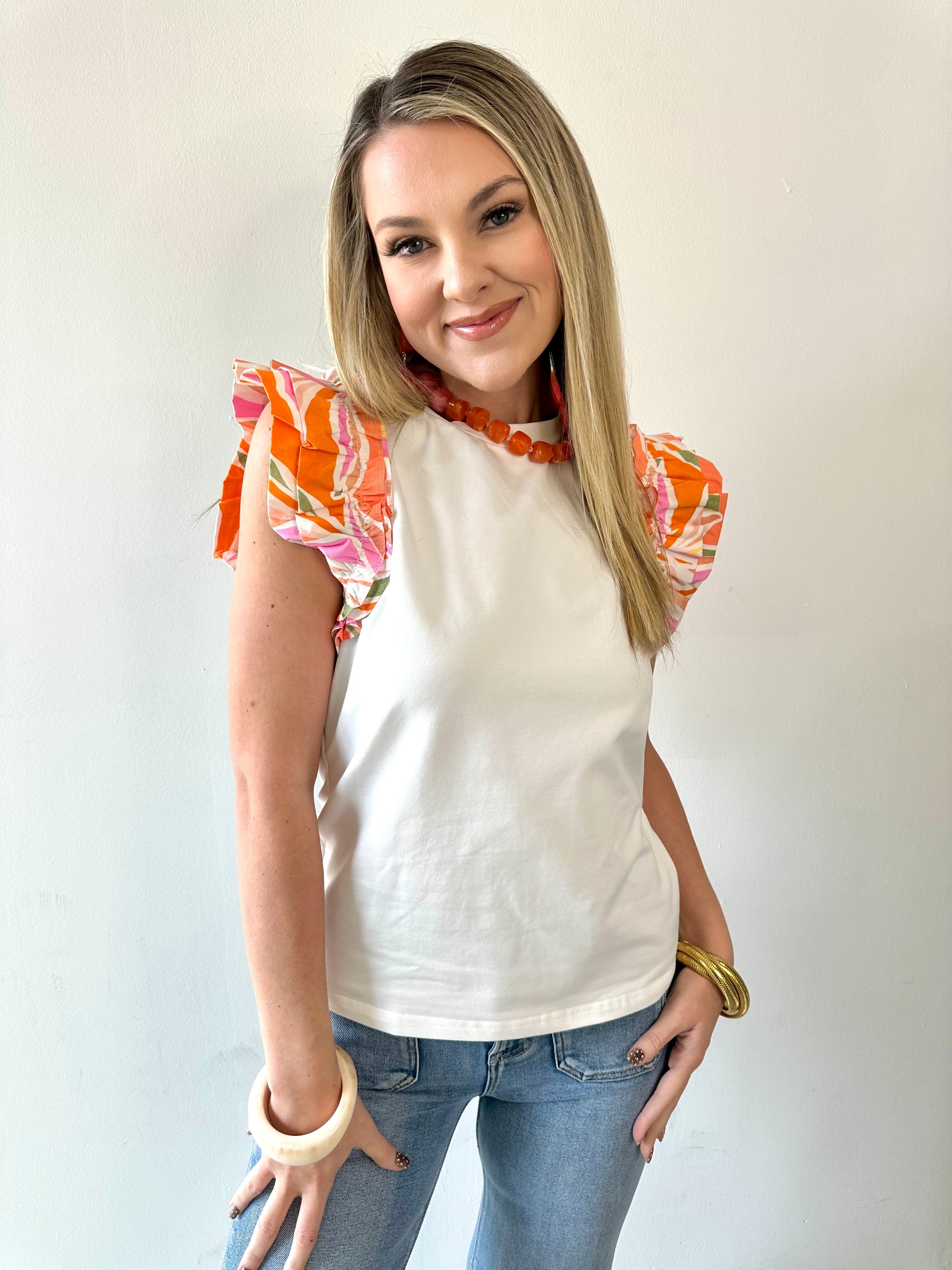 Tropical Ruffle Sleeve Knit Top