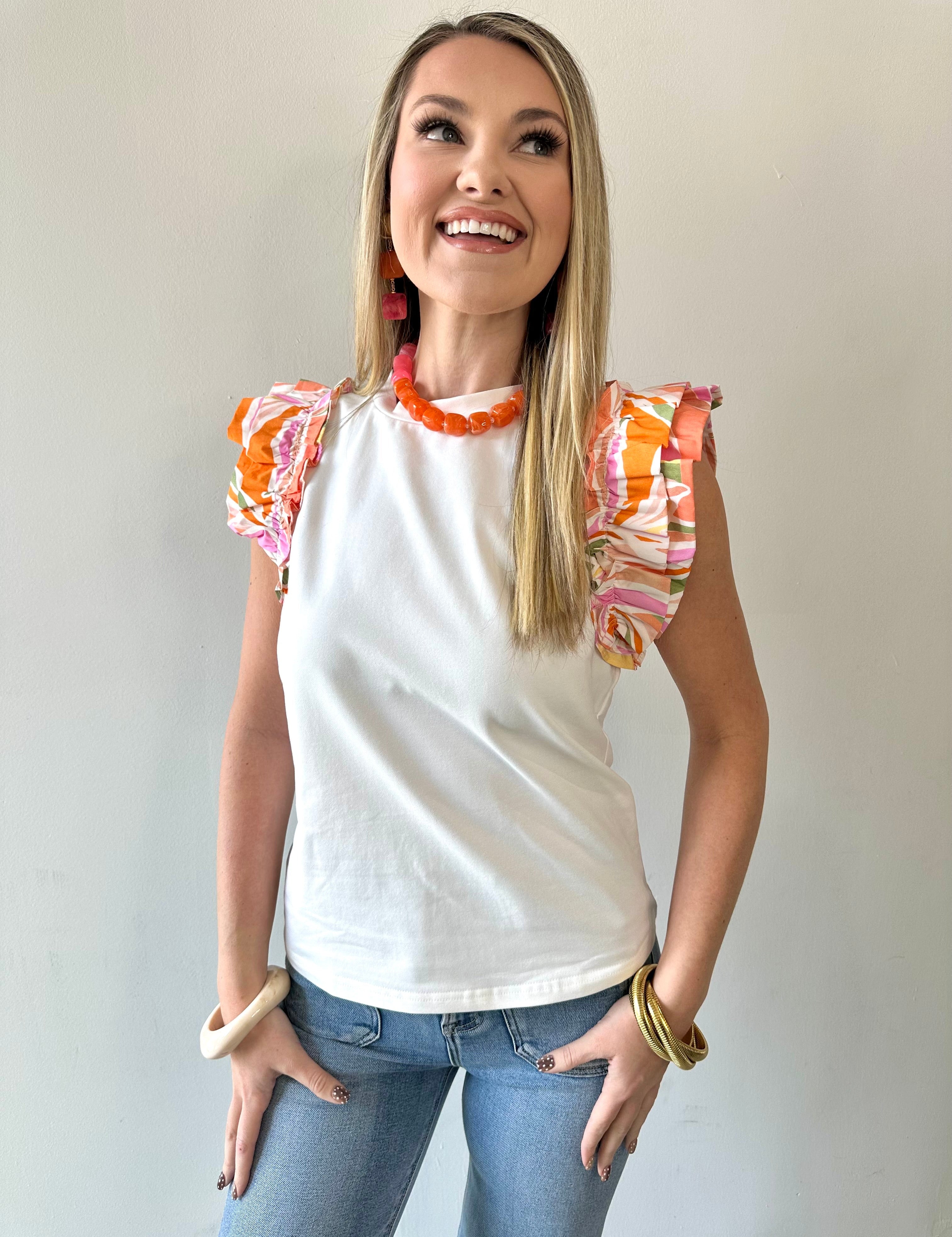 Tropical Ruffle Sleeve Knit Top