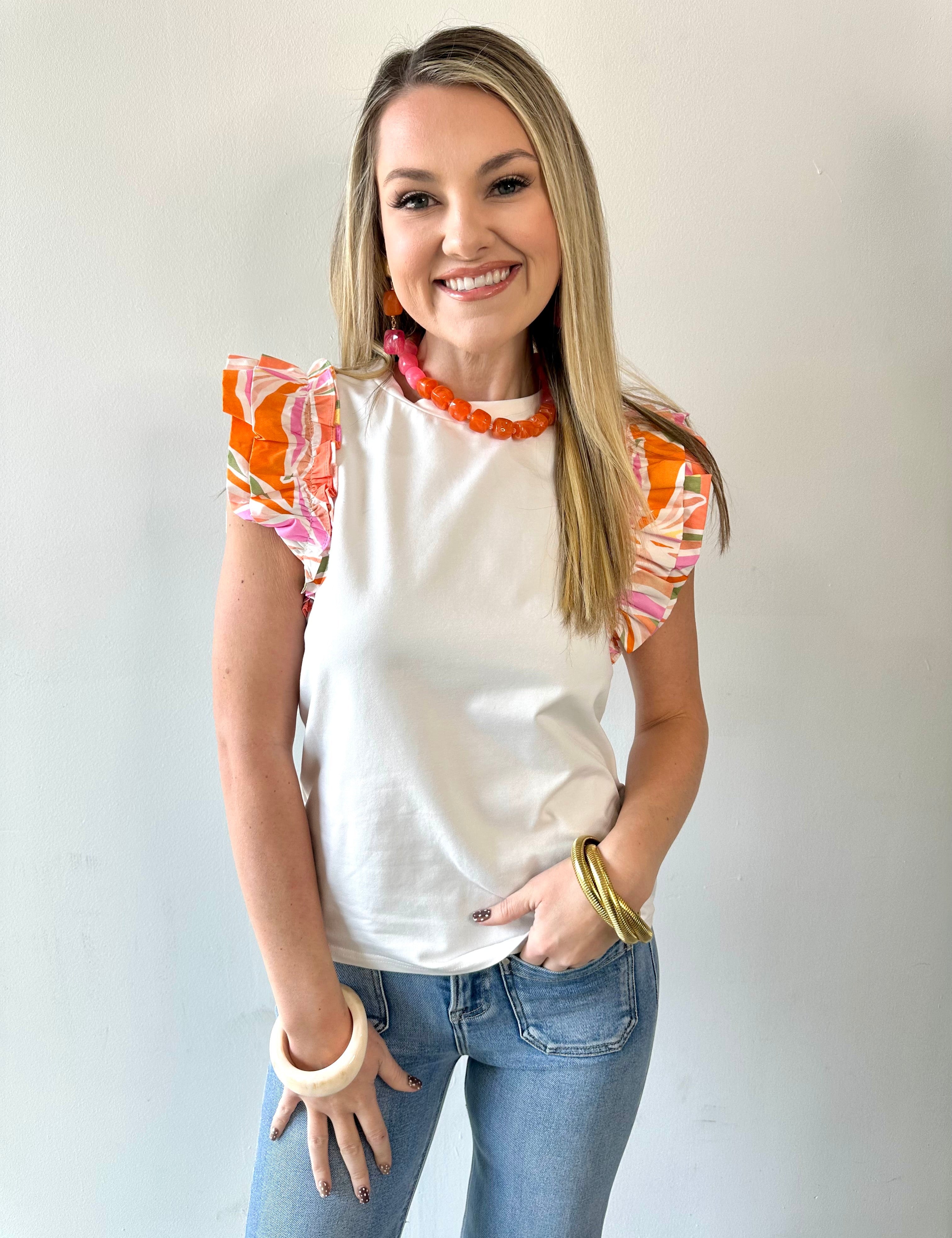 Tropical Ruffle Sleeve Knit Top