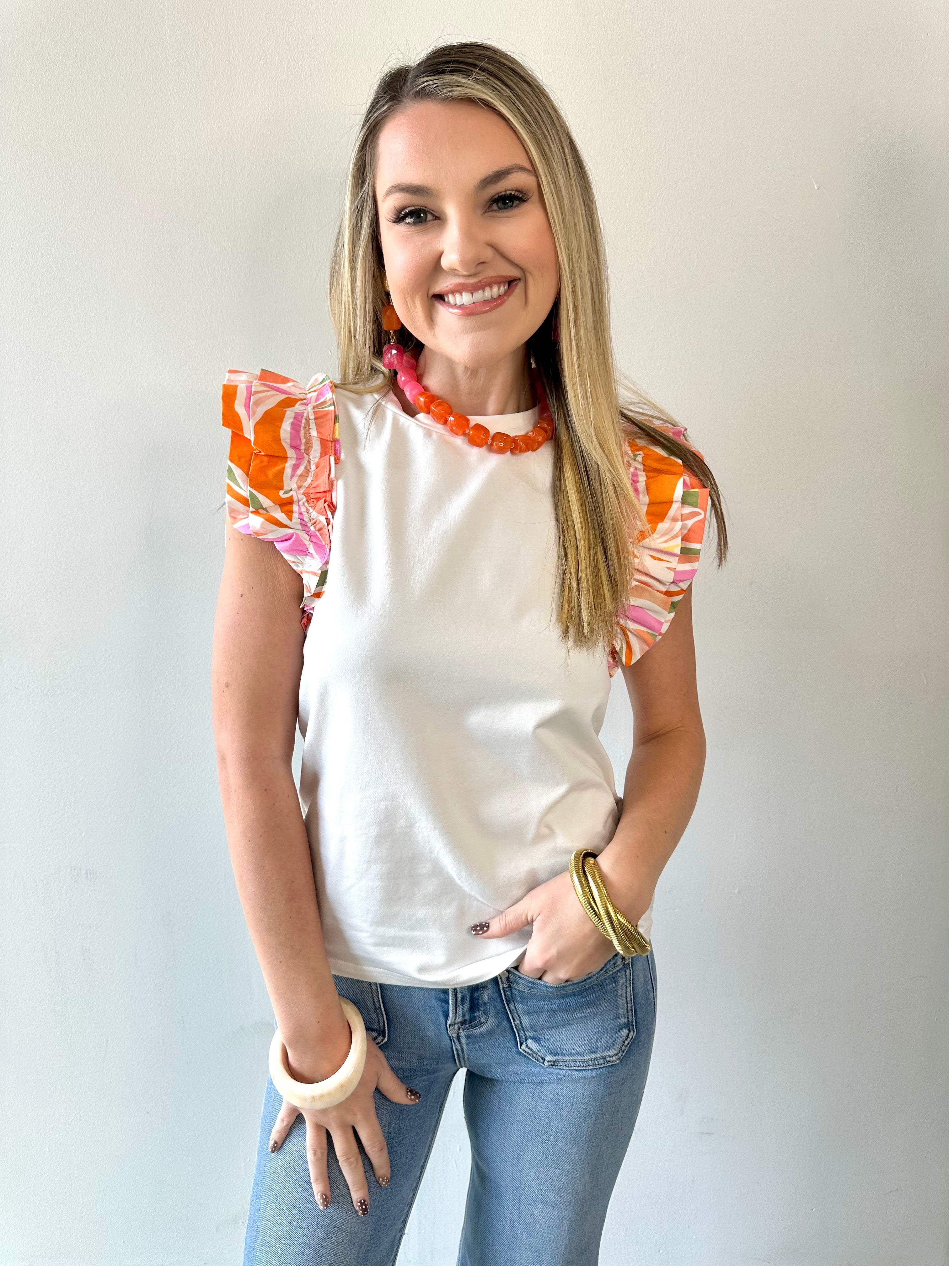 Tropical Ruffle Sleeve Knit Top