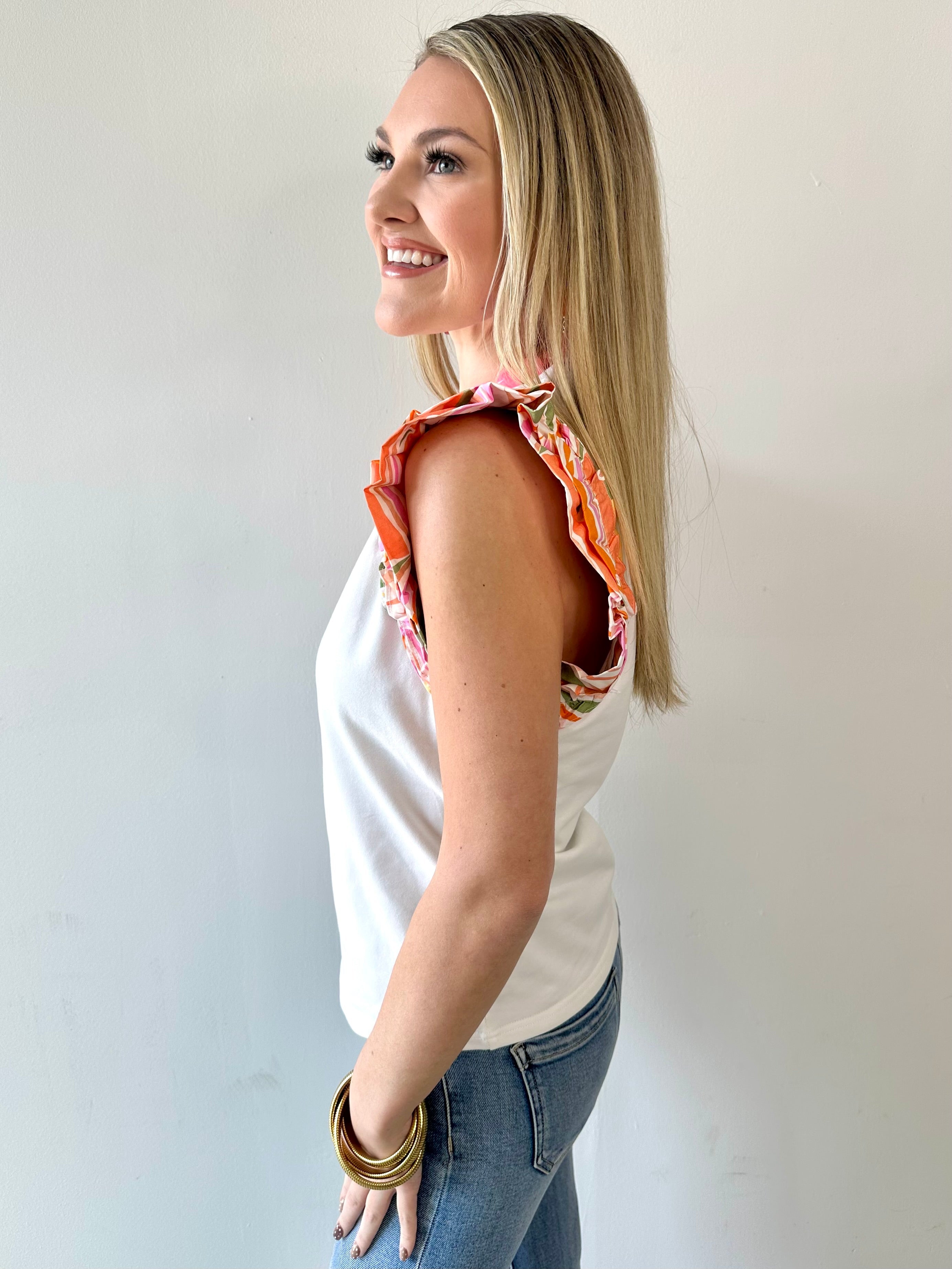 Tropical Ruffle Sleeve Knit Top