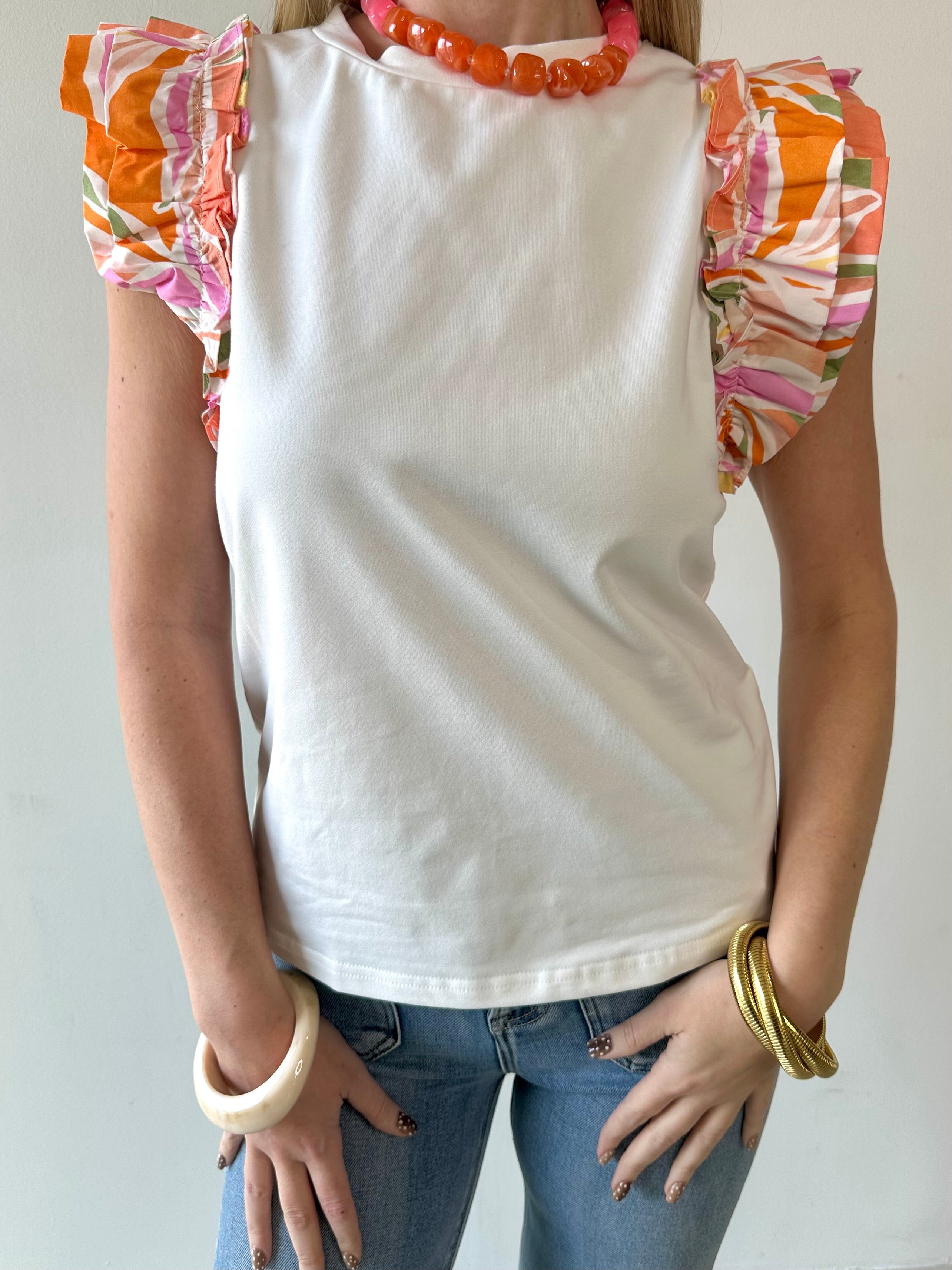 Tropical Ruffle Sleeve Knit Top