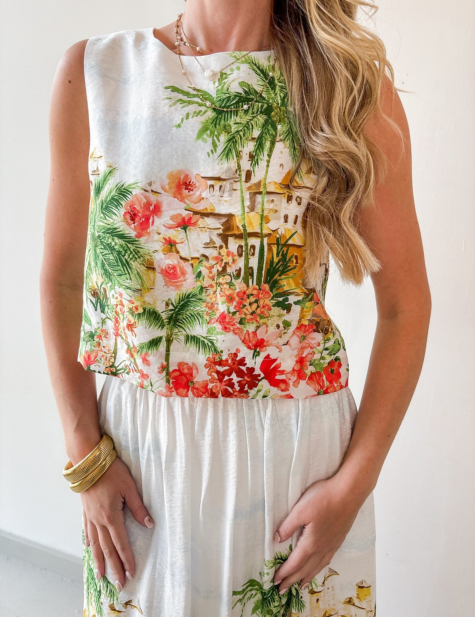 Tropical Scenic Print Cropped Top and Midi Skirt