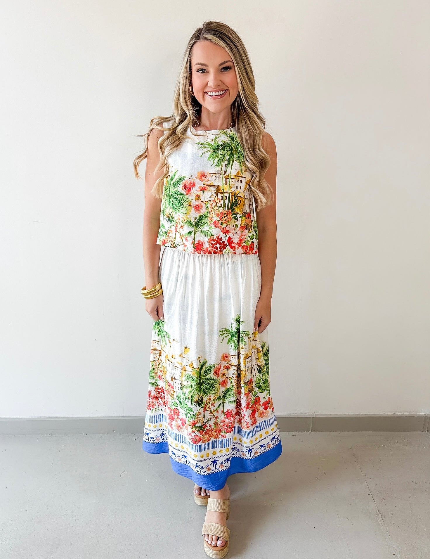 Tropical Scenic Print Cropped Top and Midi Skirt