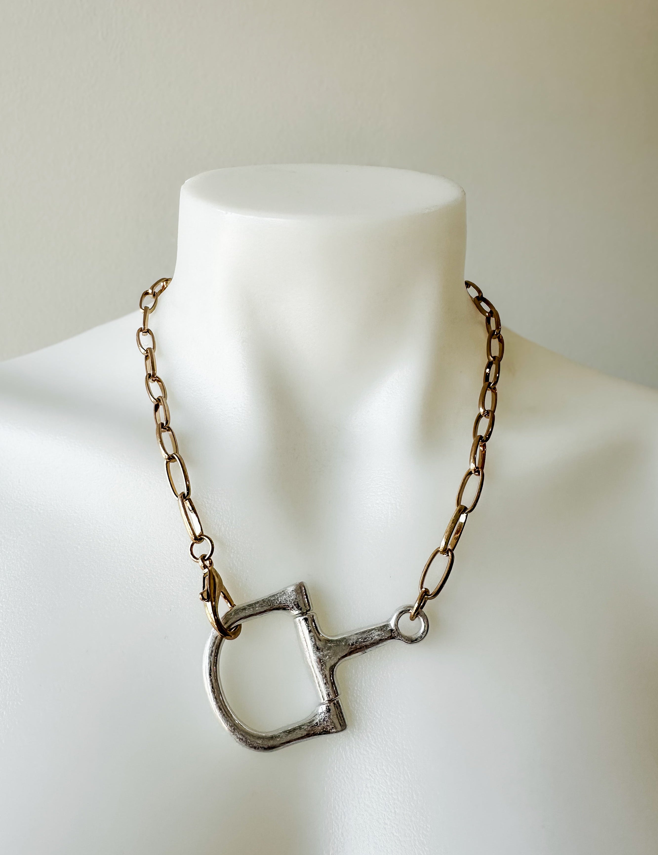 Two Tone Horsebit Necklace Worn Silver