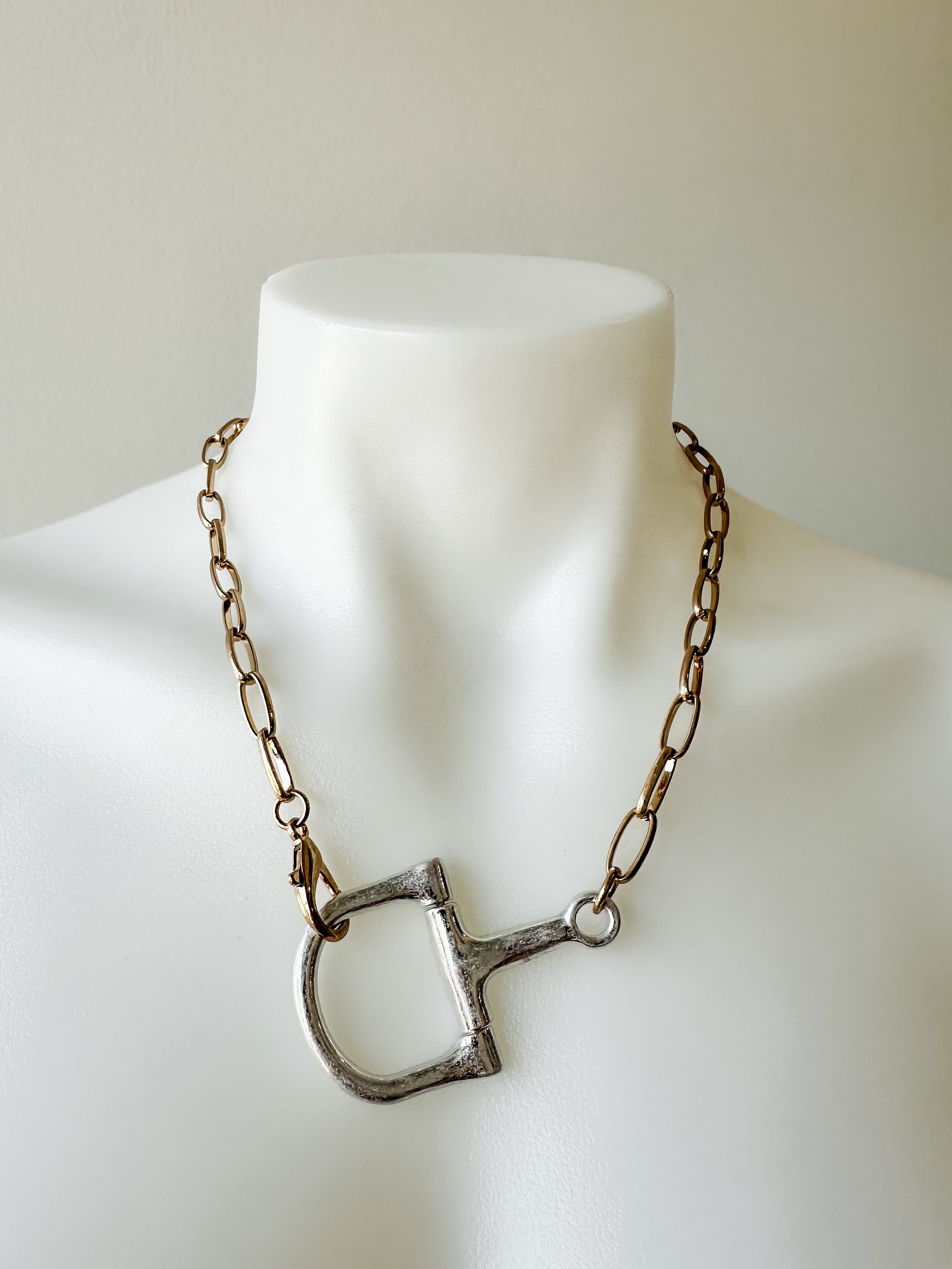 Two Tone Horsebit Necklace Worn Silver