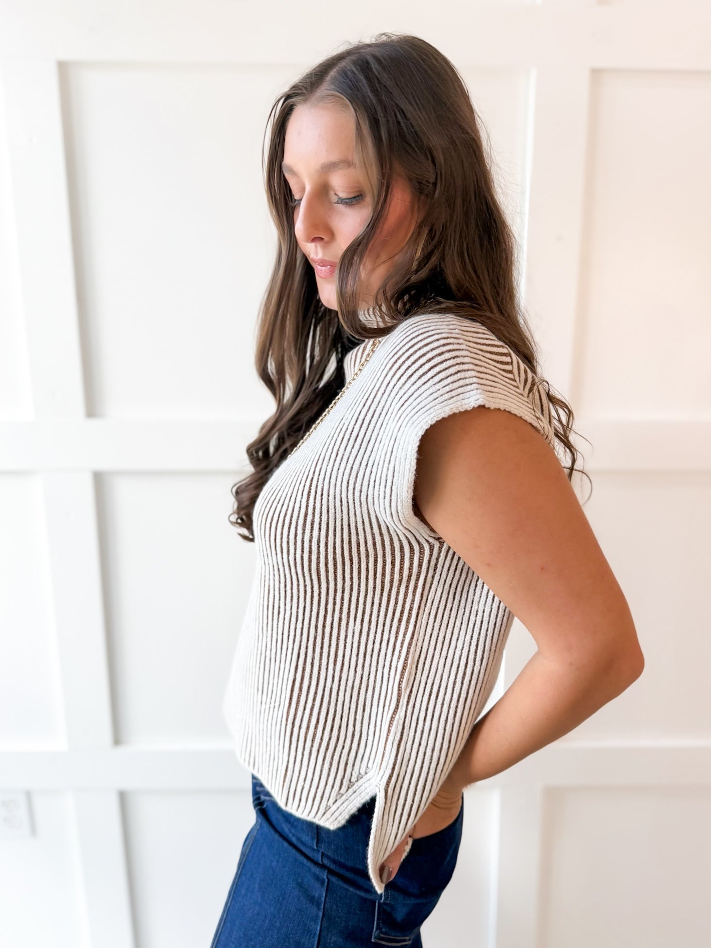 Two Tone Knit Vest Top- Camel
