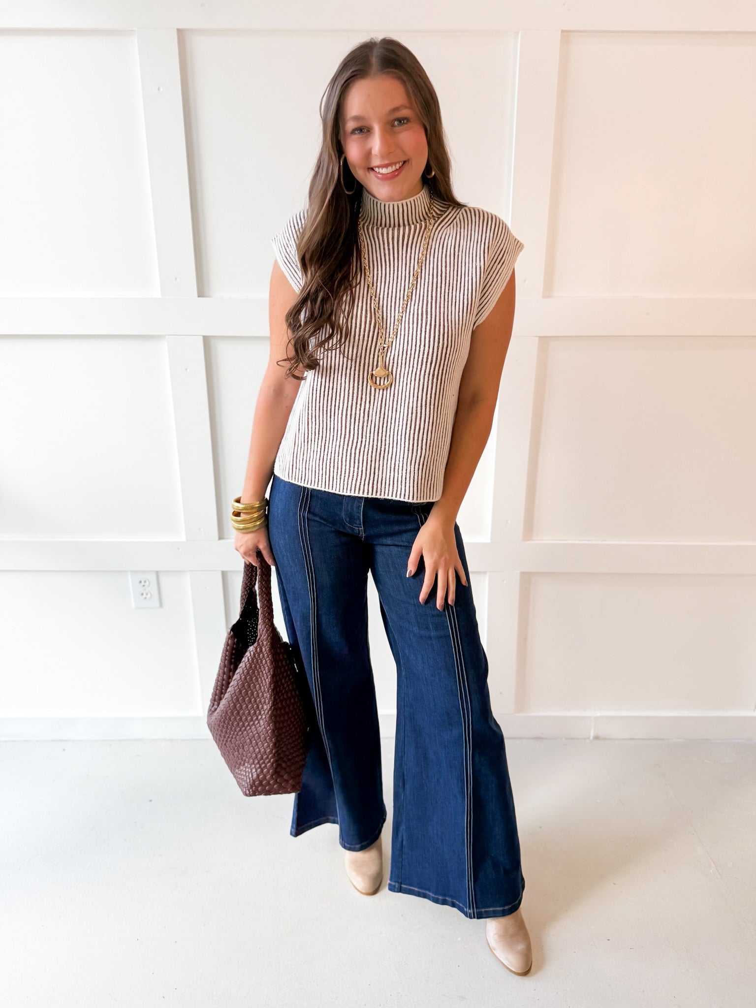 Two Tone Knit Vest Top- Camel