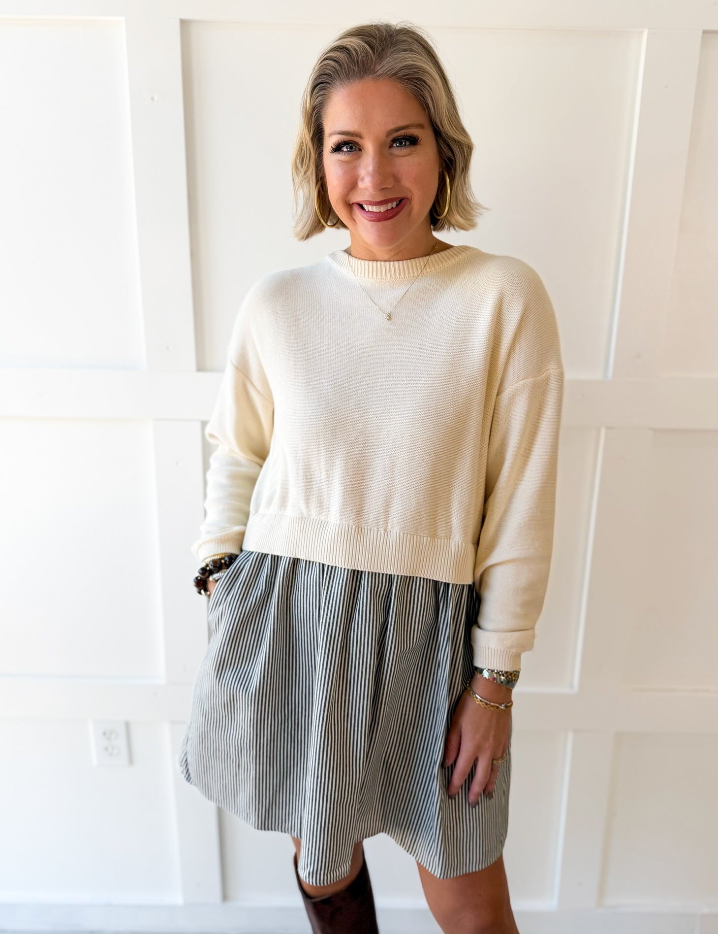 Twofer Sweater Dress- Cream