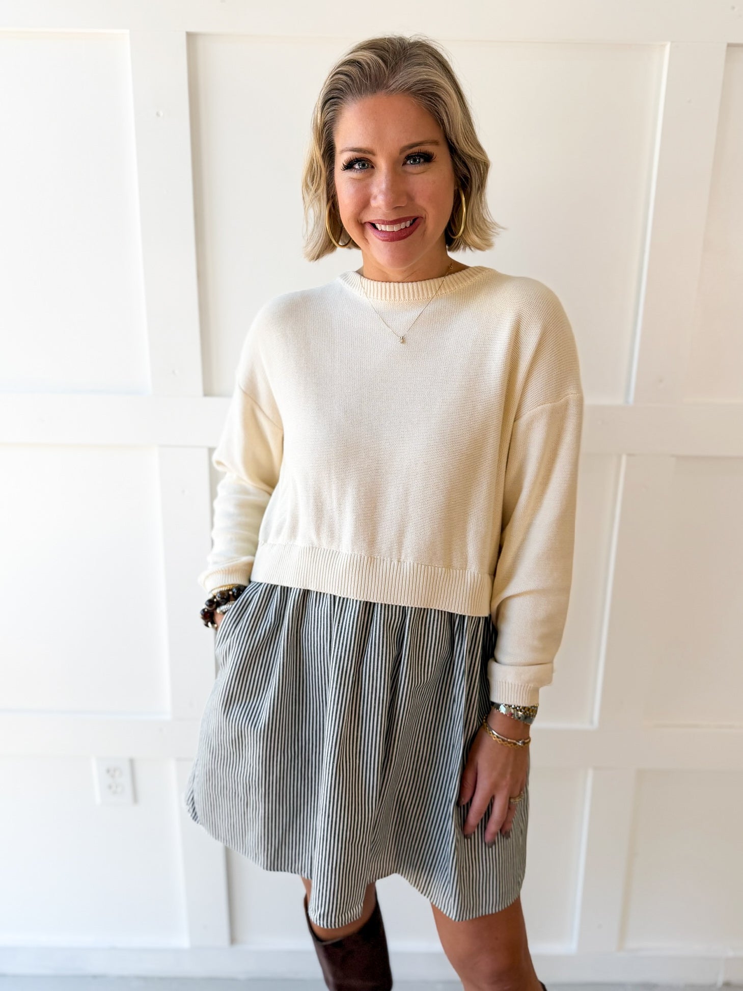 Twofer Sweater Dress- Cream
