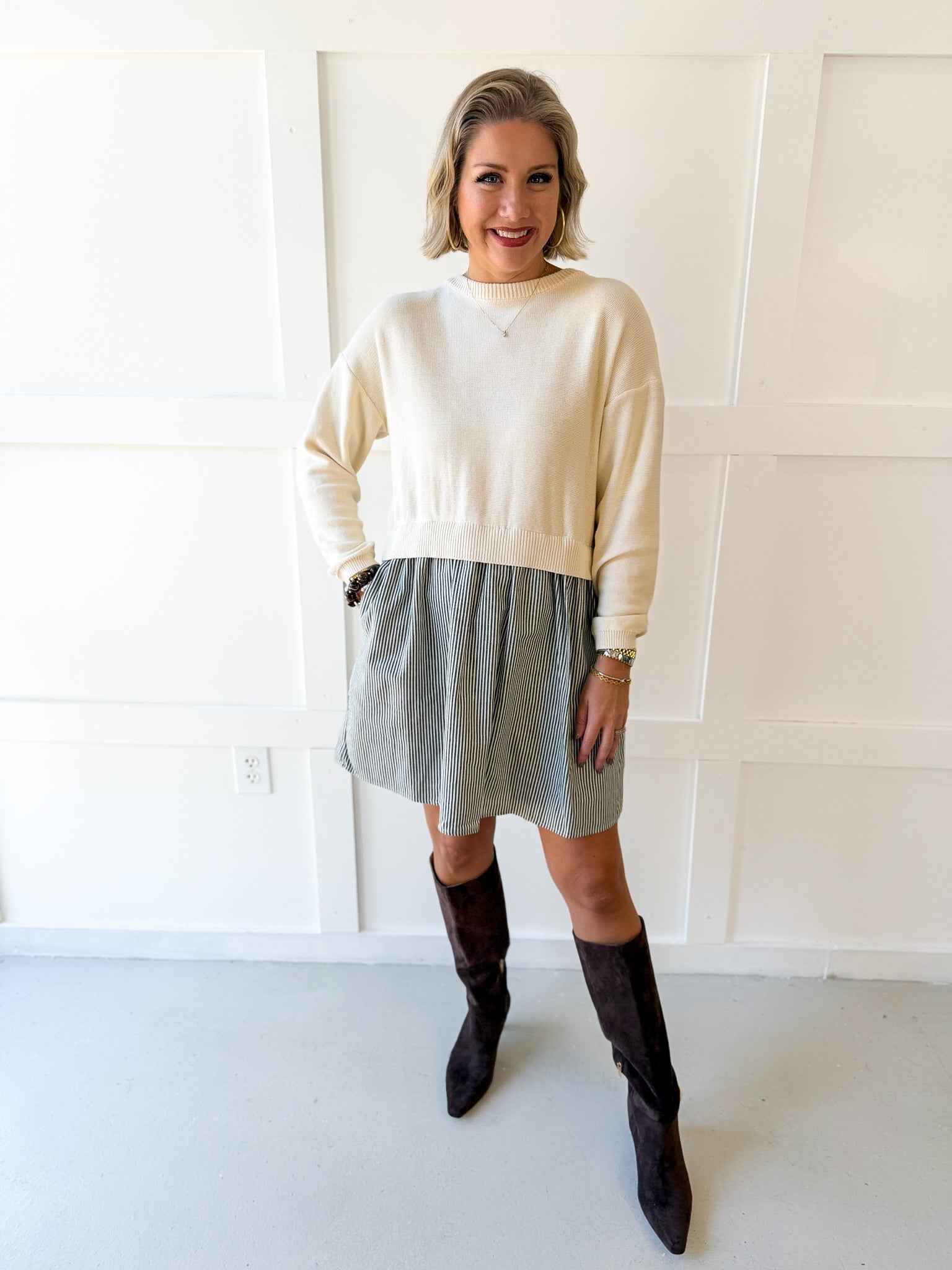 Twofer Sweater Dress- Cream