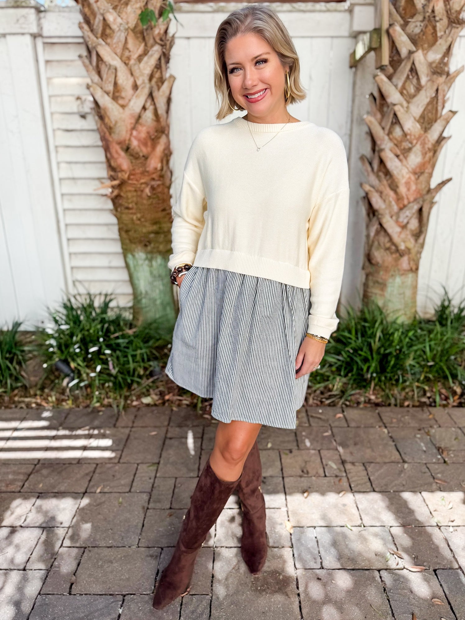 Twofer Sweater Dress- Cream