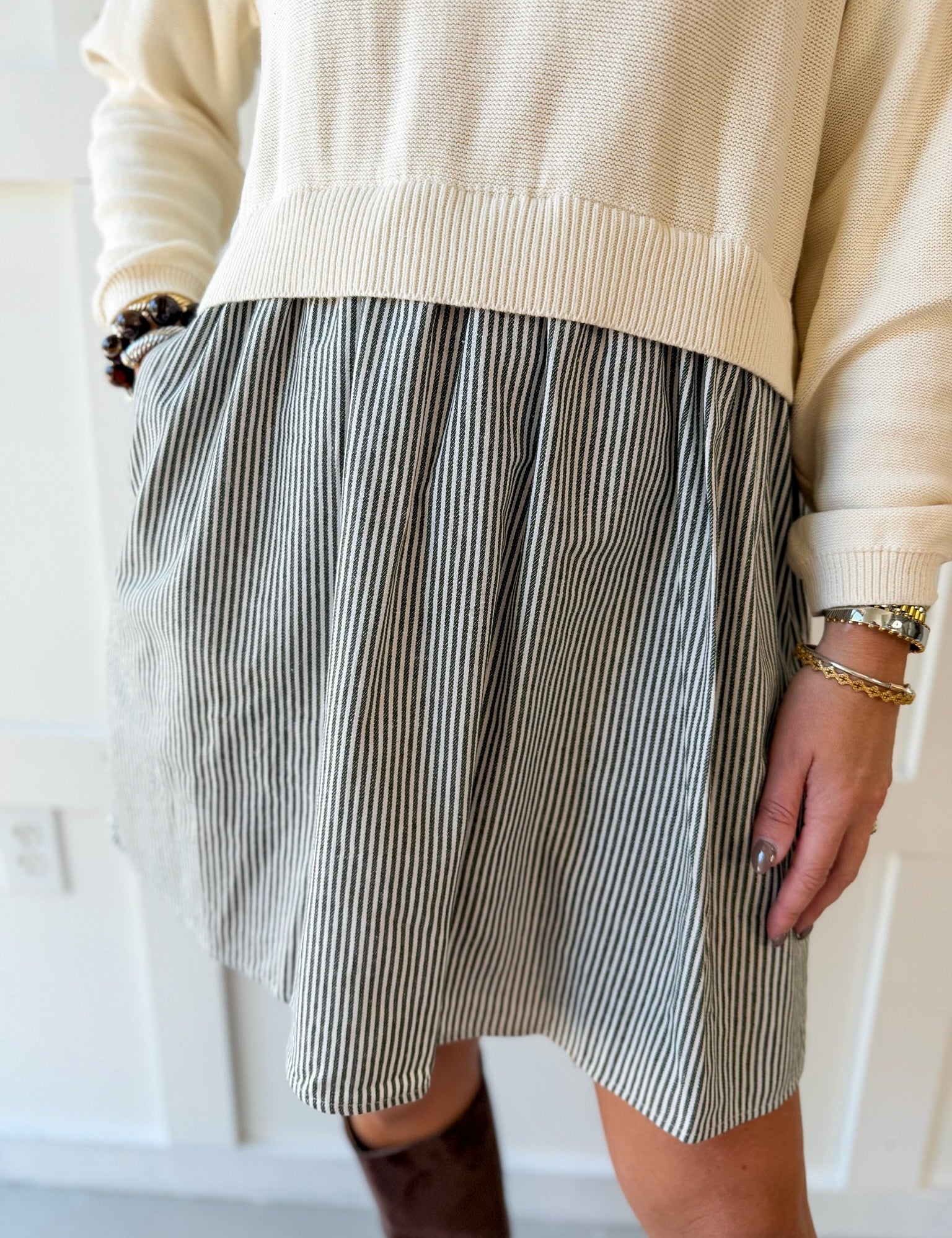 Twofer Sweater Dress- Cream