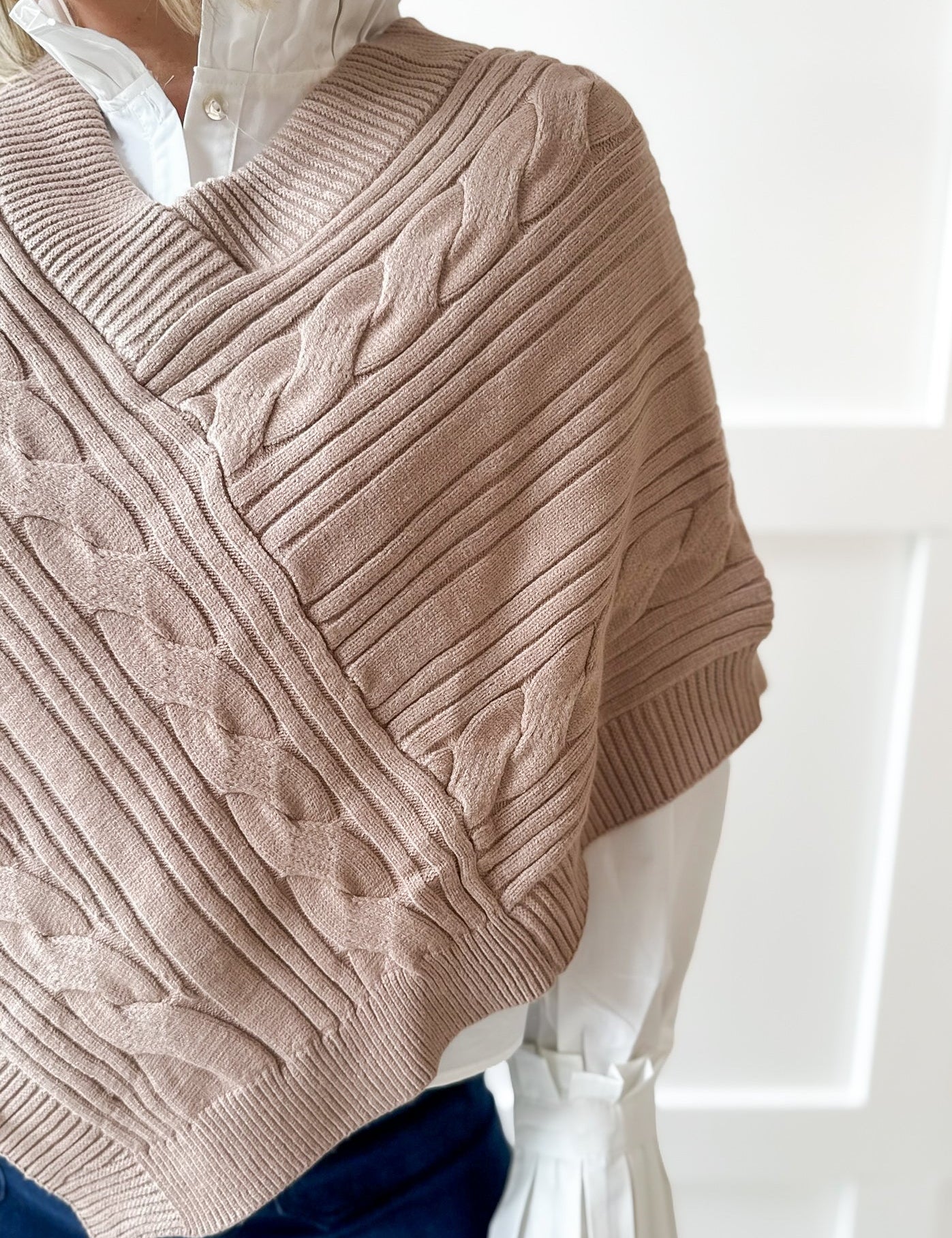 V Neck Cable Knit Poncho- Camel