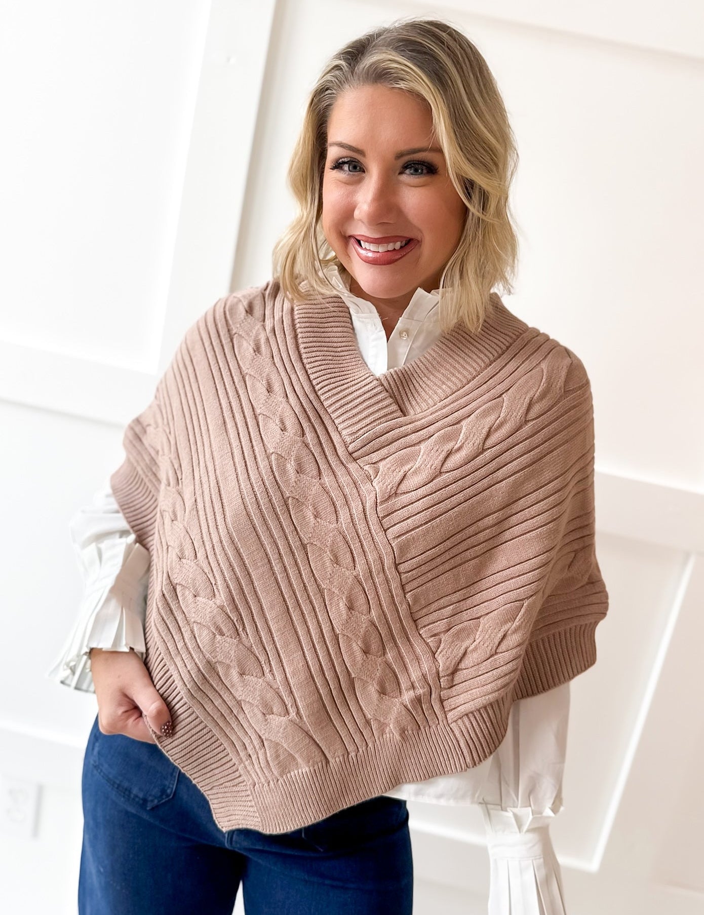 V Neck Cable Knit Poncho- Camel