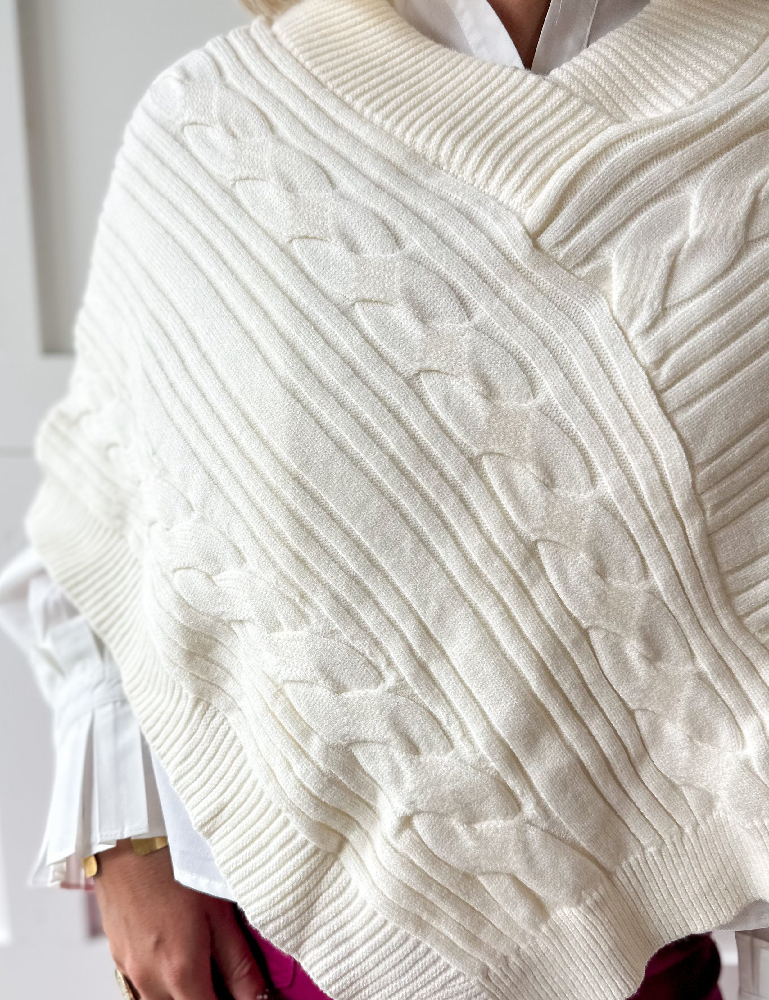 V Neck Cable Knit Poncho- Cream