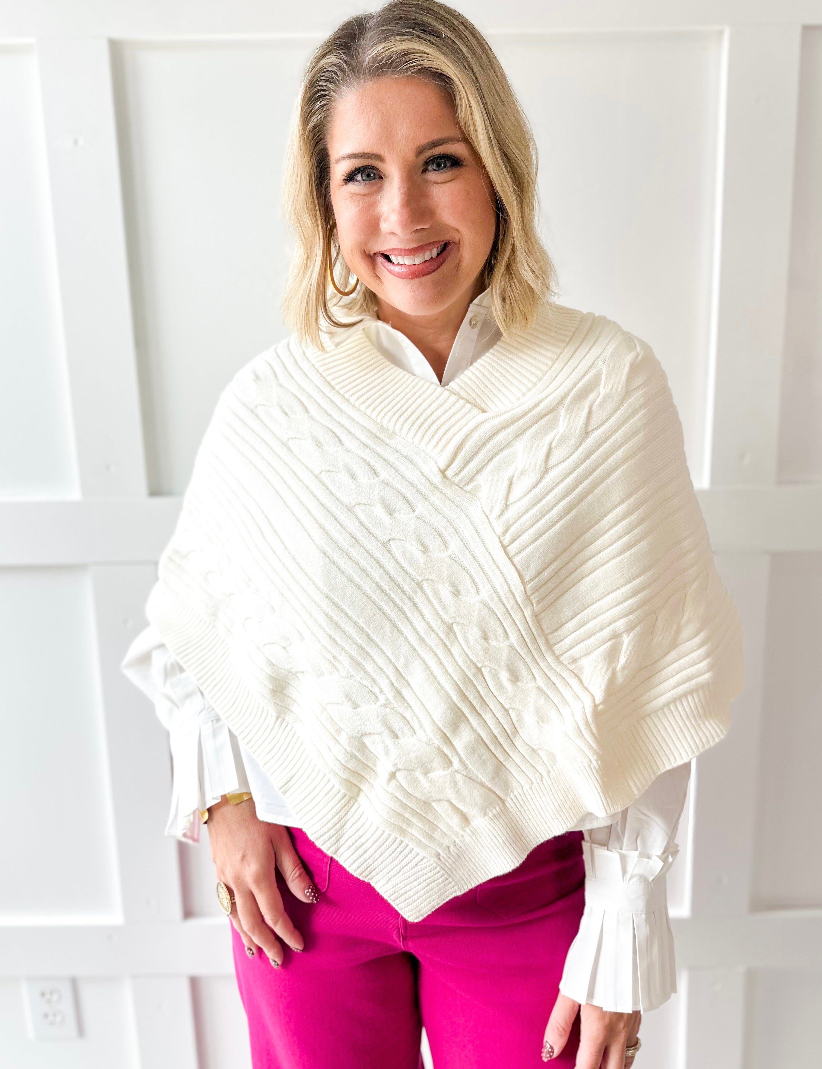 V Neck Cable Knit Poncho- Cream