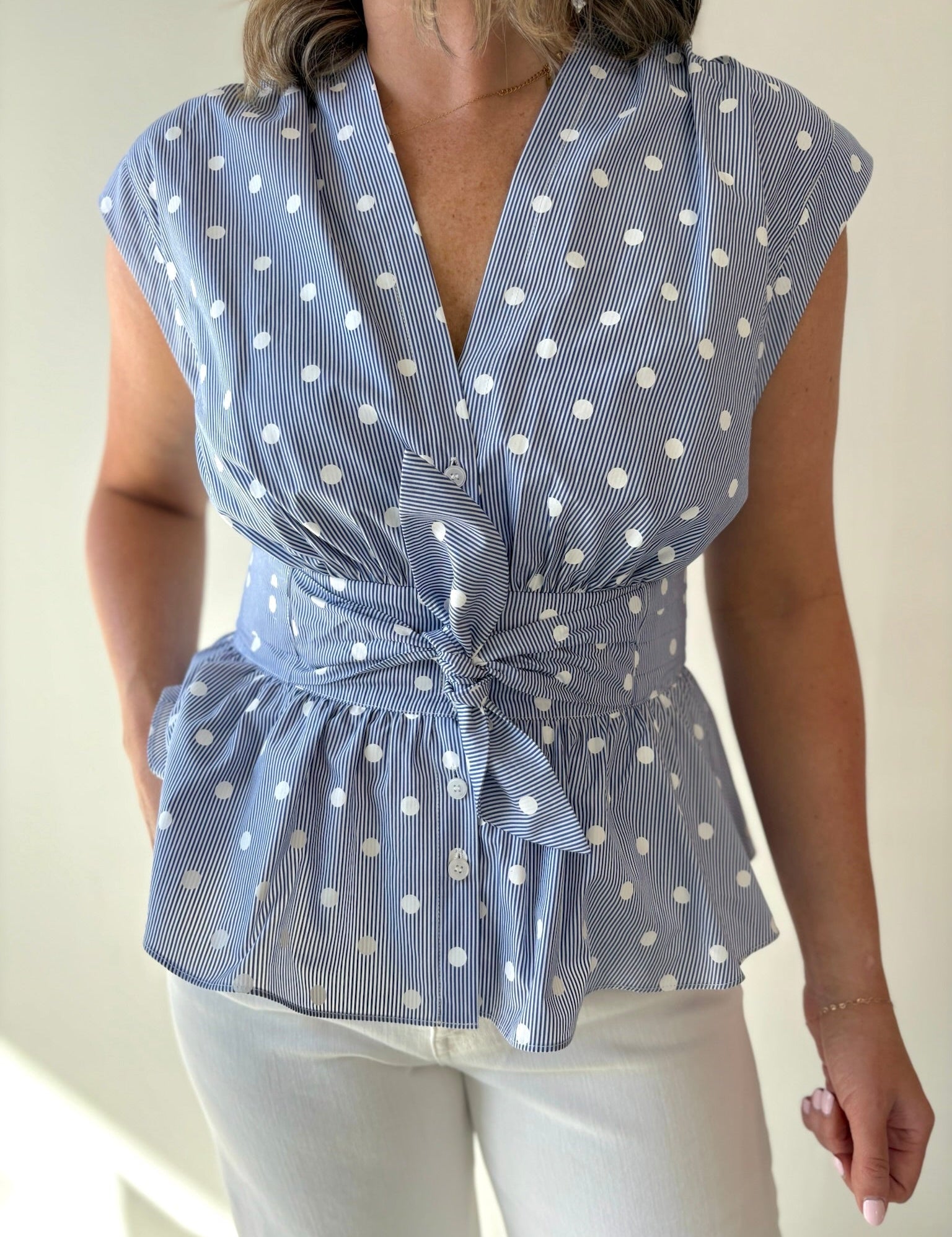V Neck Cap Bow Tie Detail Top