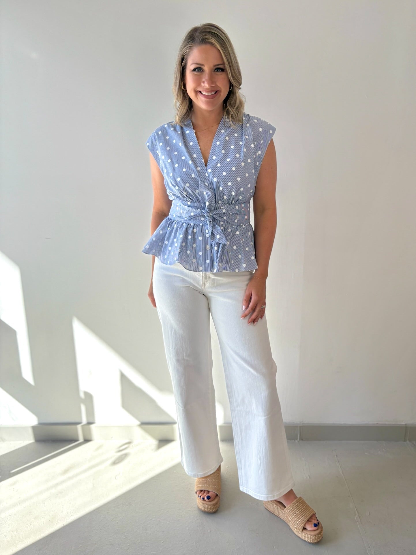 V Neck Cap Bow Tie Detail Top