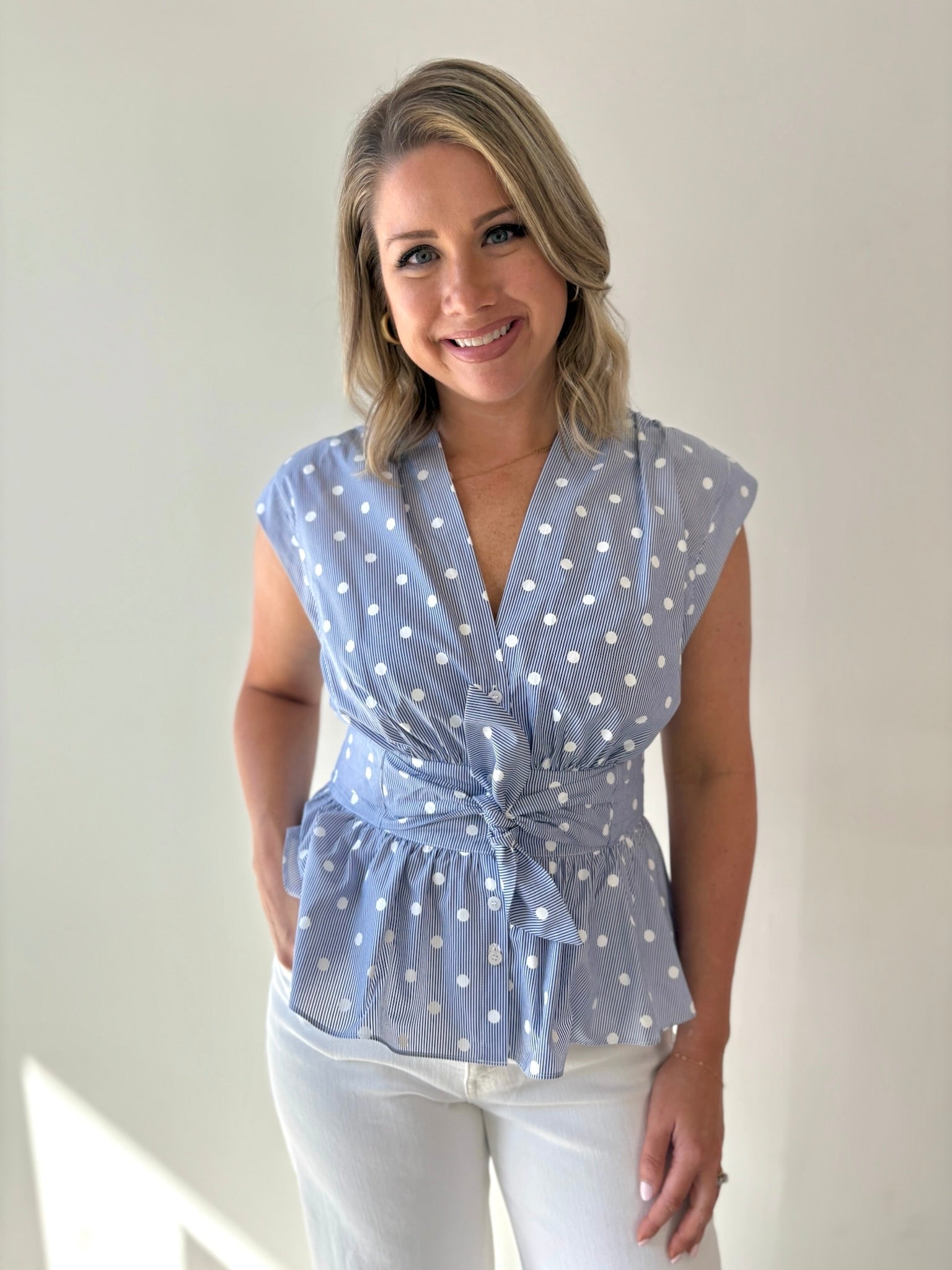 V Neck Cap Bow Tie Detail Top