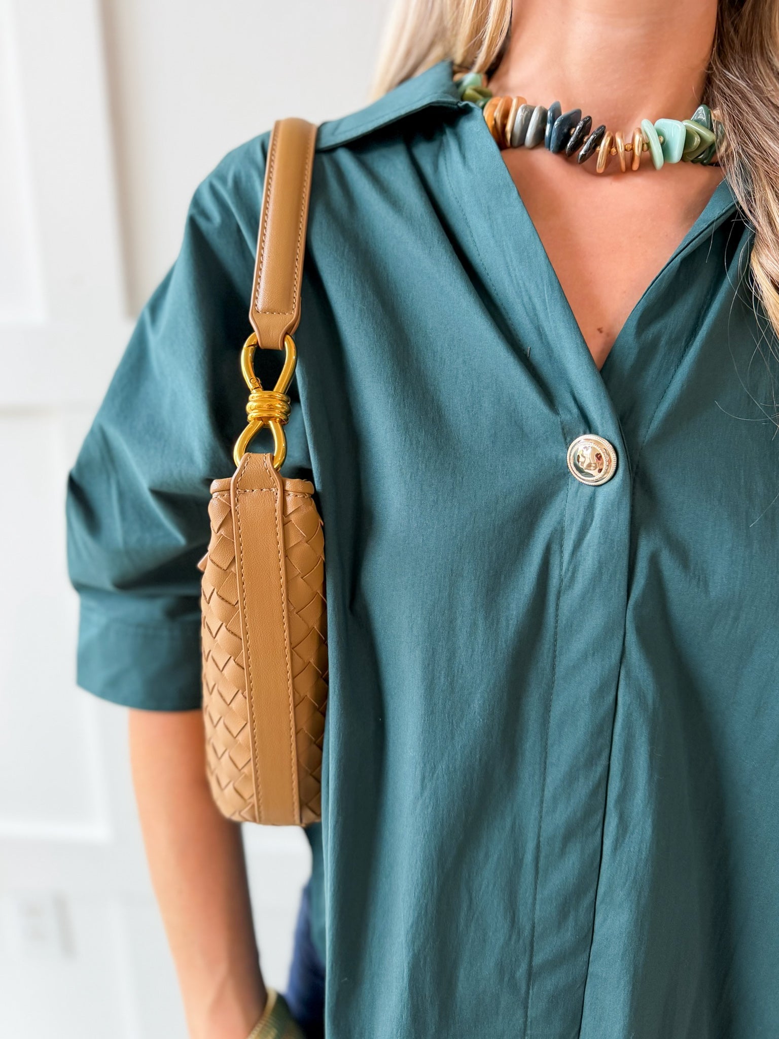 V Neck Collared Shirt - Green