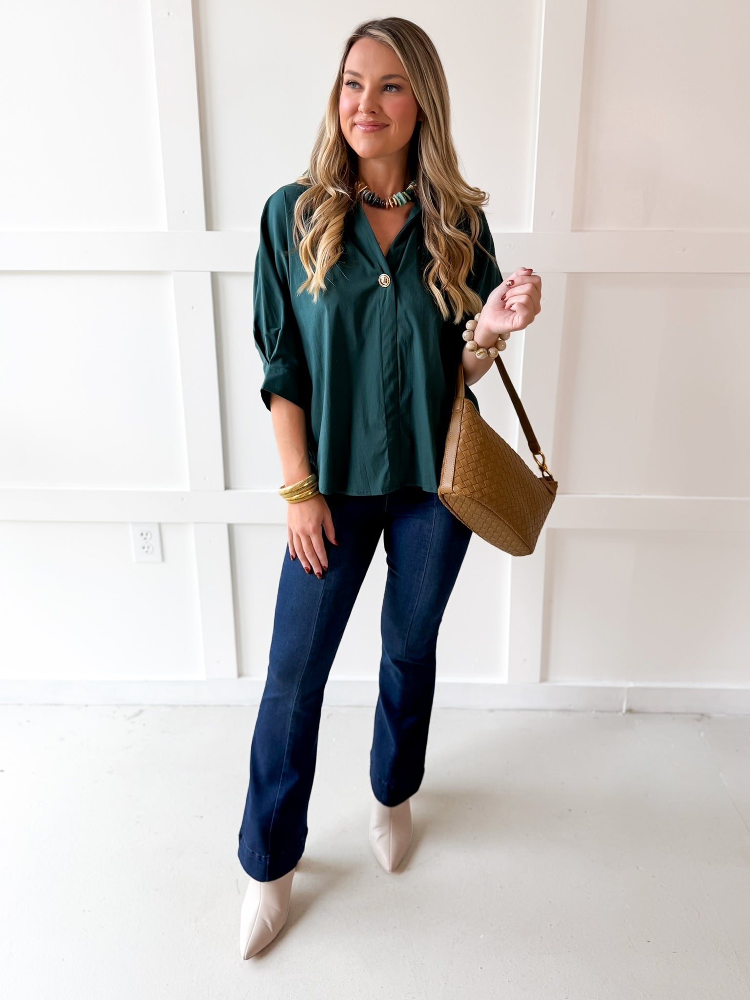 V Neck Collared Shirt - Green