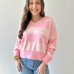 V - neck Stripe Crop Sweater - Pink