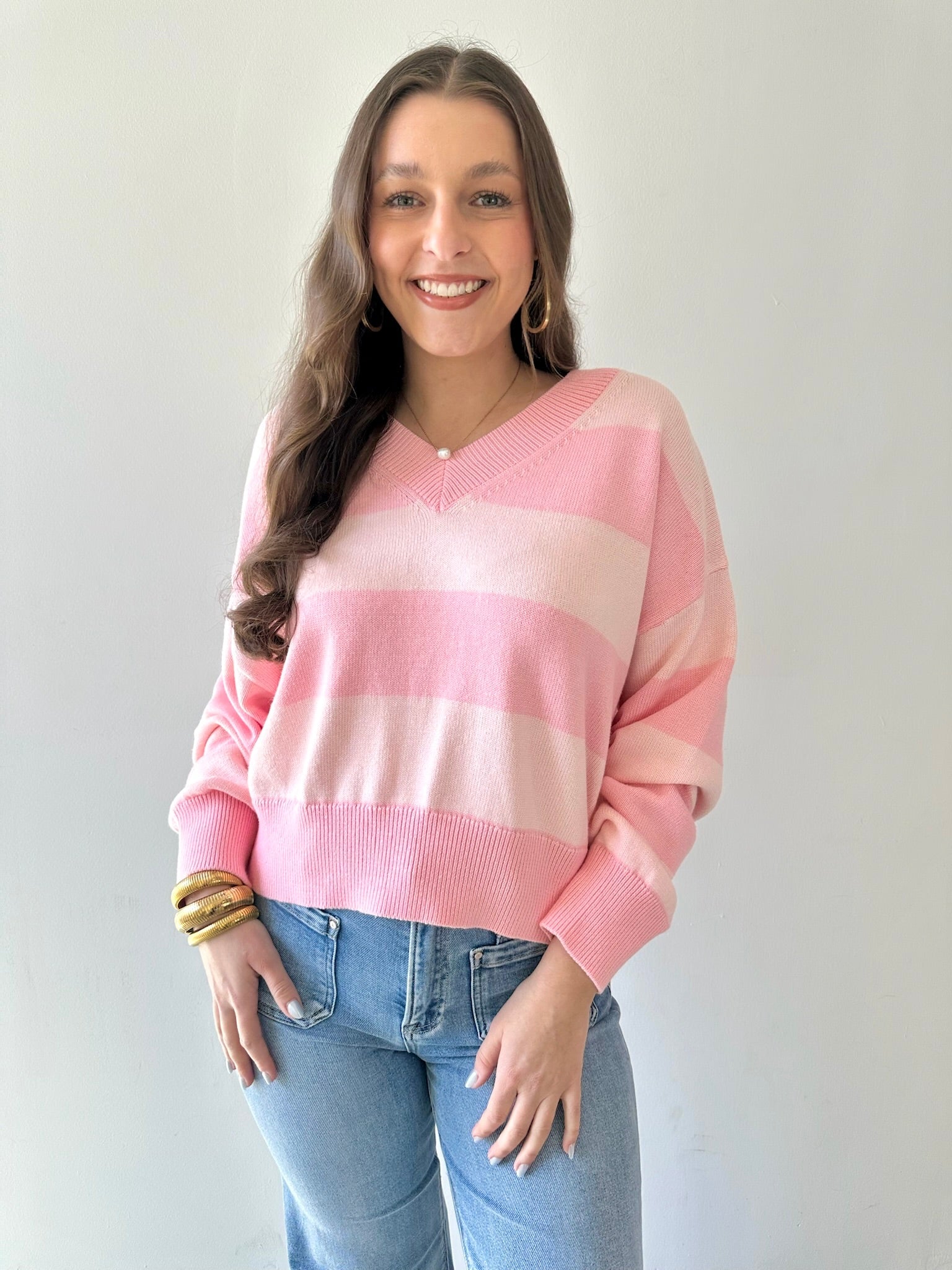 V - neck Stripe Crop Sweater - Pink