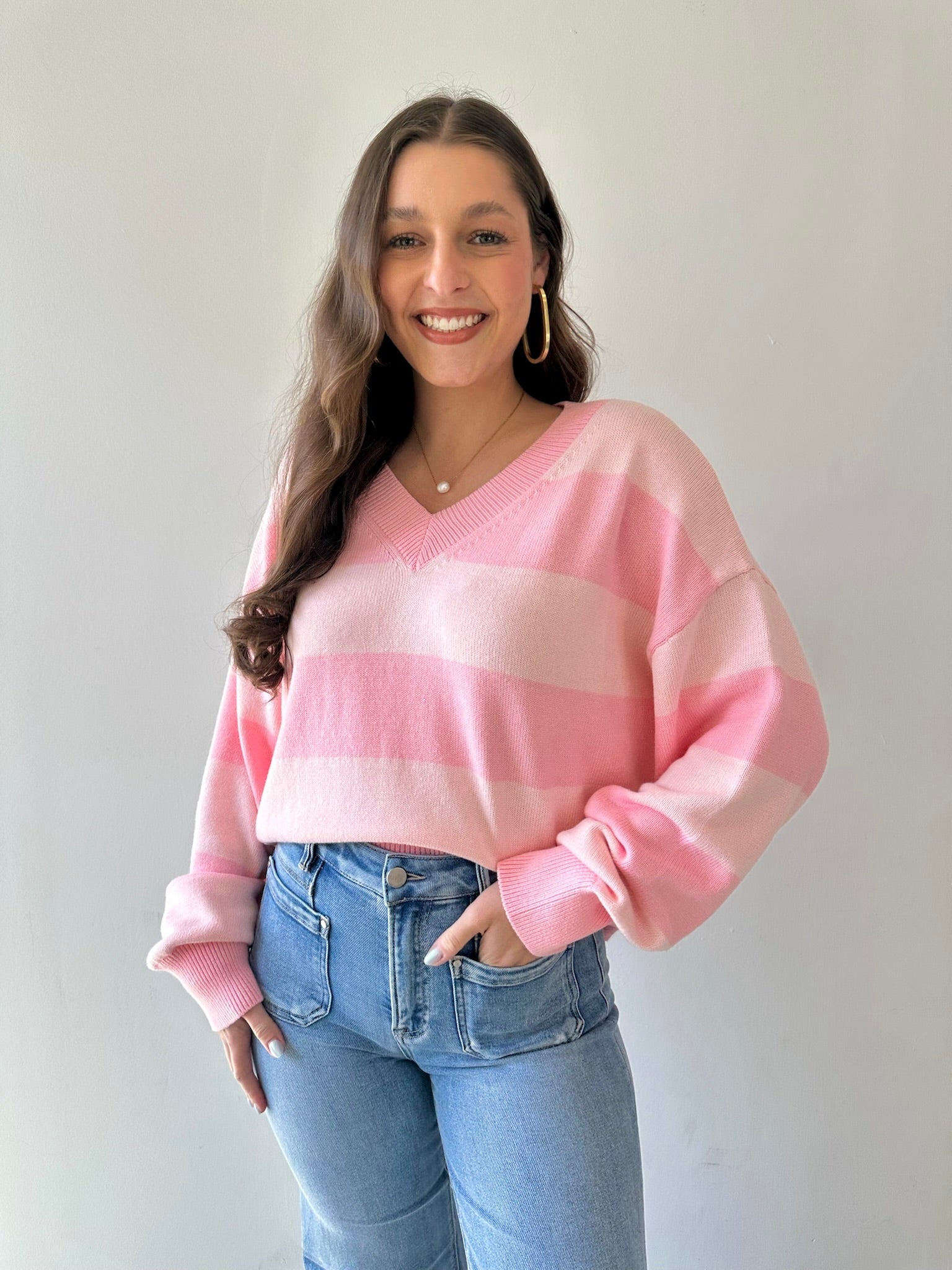 V - neck Stripe Crop Sweater - Pink