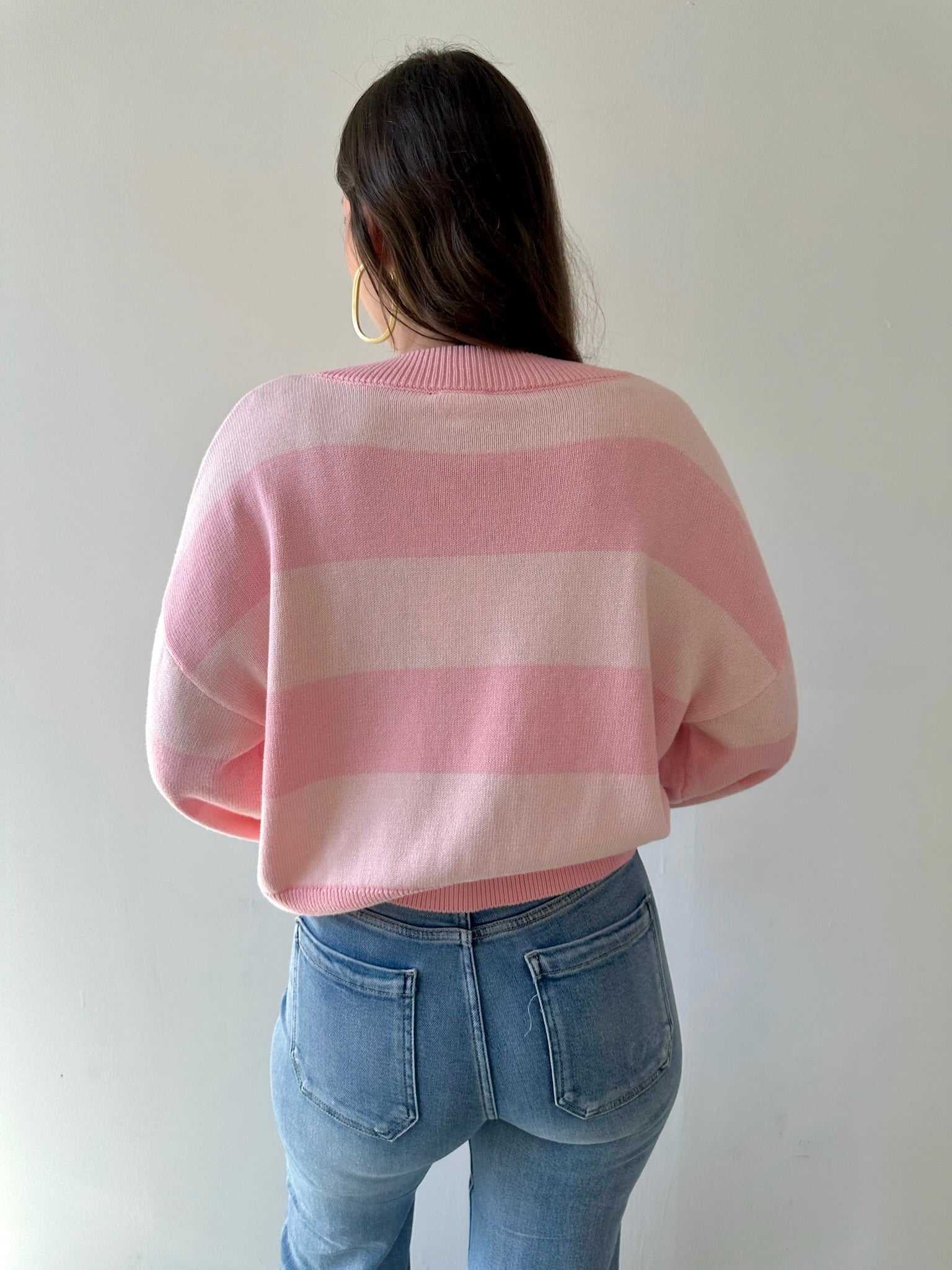 V - neck Stripe Crop Sweater - Pink