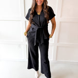 V Neck Waist Tie Top & Pant Set - Black