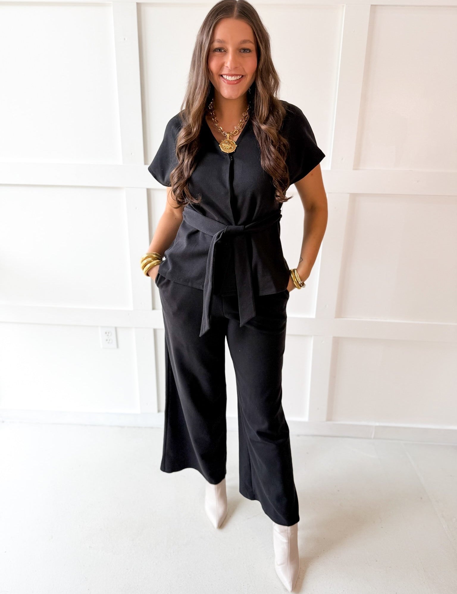 V Neck Waist Tie Top & Pant Set - Black