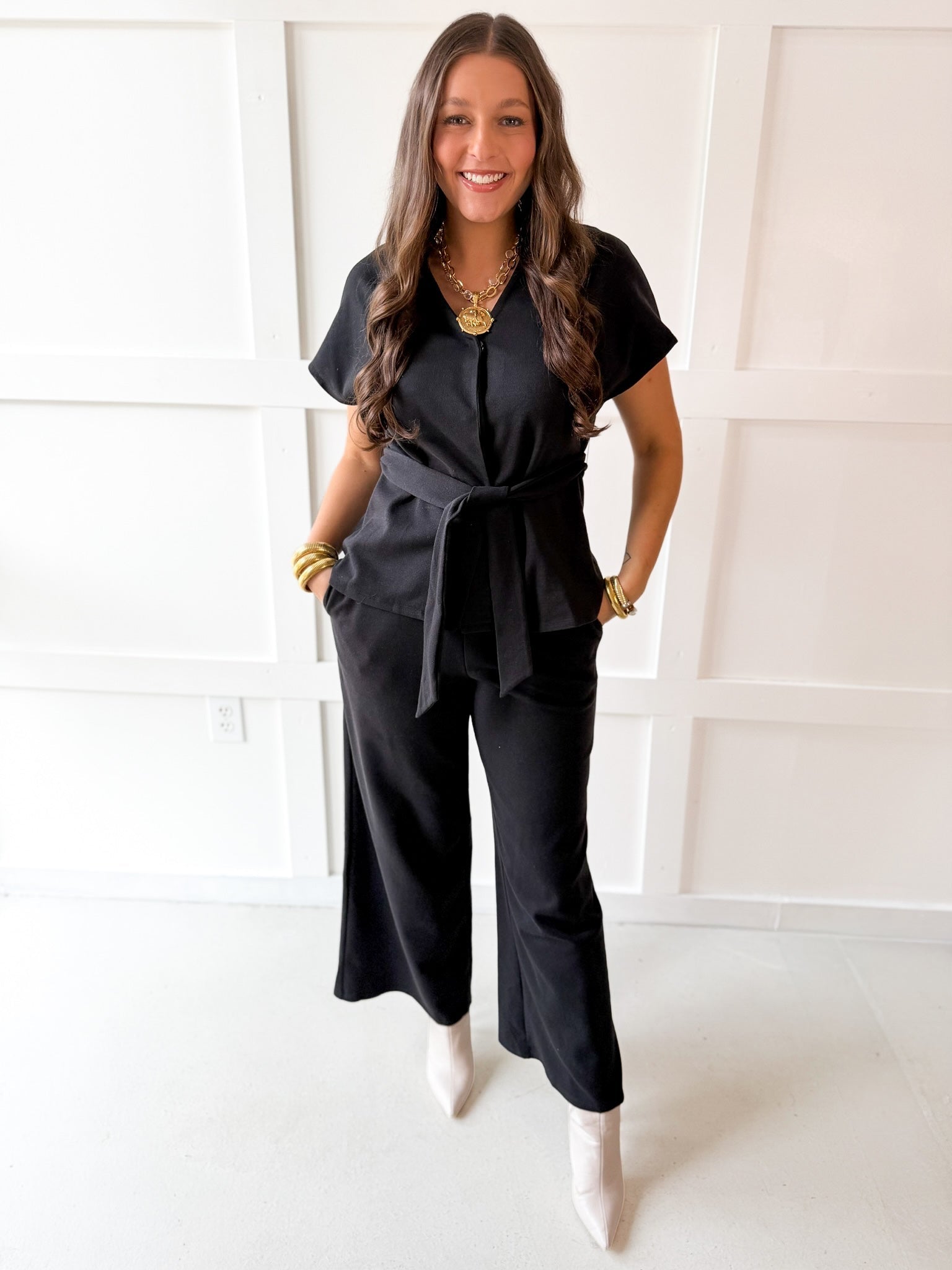 V Neck Waist Tie Top & Pant Set - Black