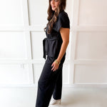 V Neck Waist Tie Top & Pant Set - Black