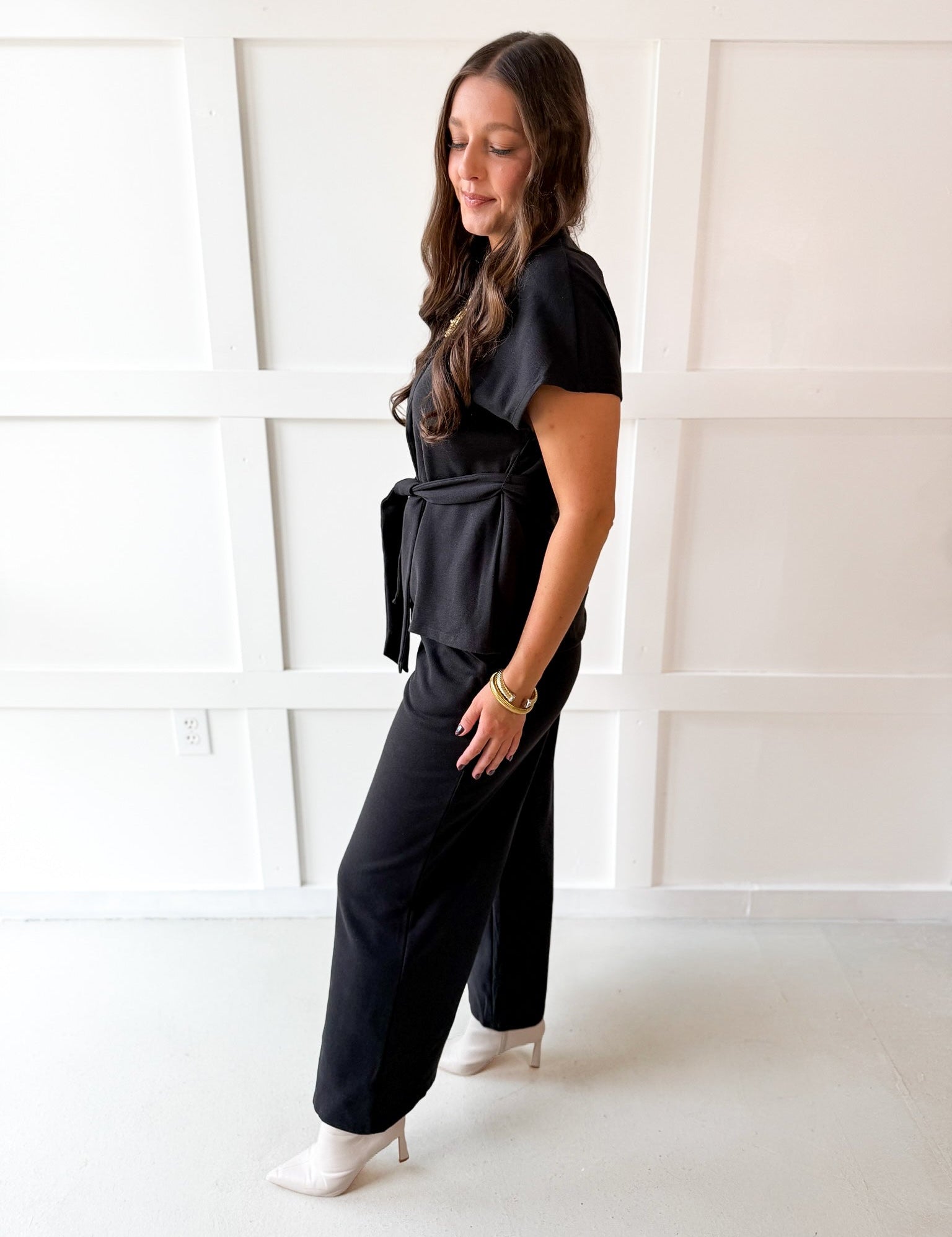 V Neck Waist Tie Top & Pant Set - Black