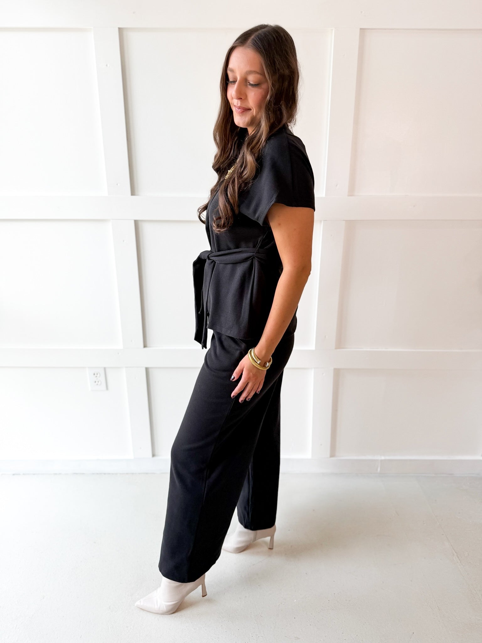 V Neck Waist Tie Top & Pant Set - Black