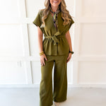 V Neck Wasit Tie Top & Pant Set -Olive