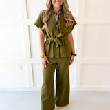 V Neck Wasit Tie Top & Pant Set -Olive