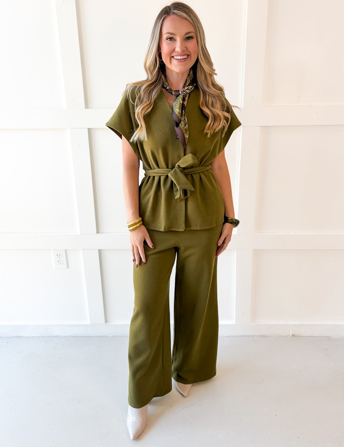 V Neck Wasit Tie Top & Pant Set -Olive