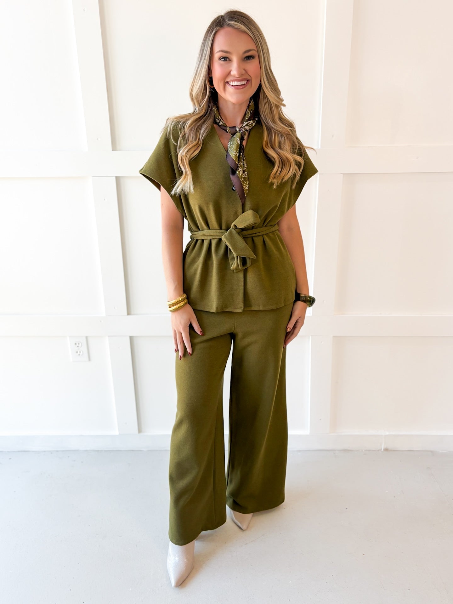 V Neck Wasit Tie Top & Pant Set -Olive