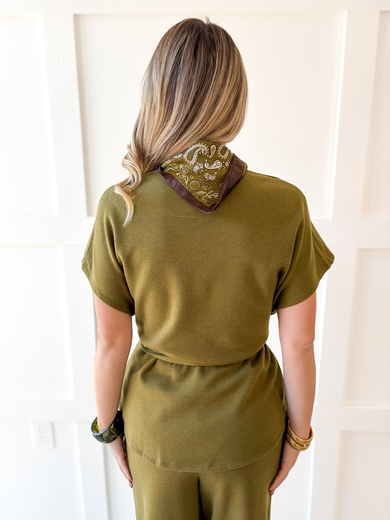 V Neck Wasit Tie Top & Pant Set -Olive