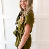 V Neck Wasit Tie Top & Pant Set -Olive