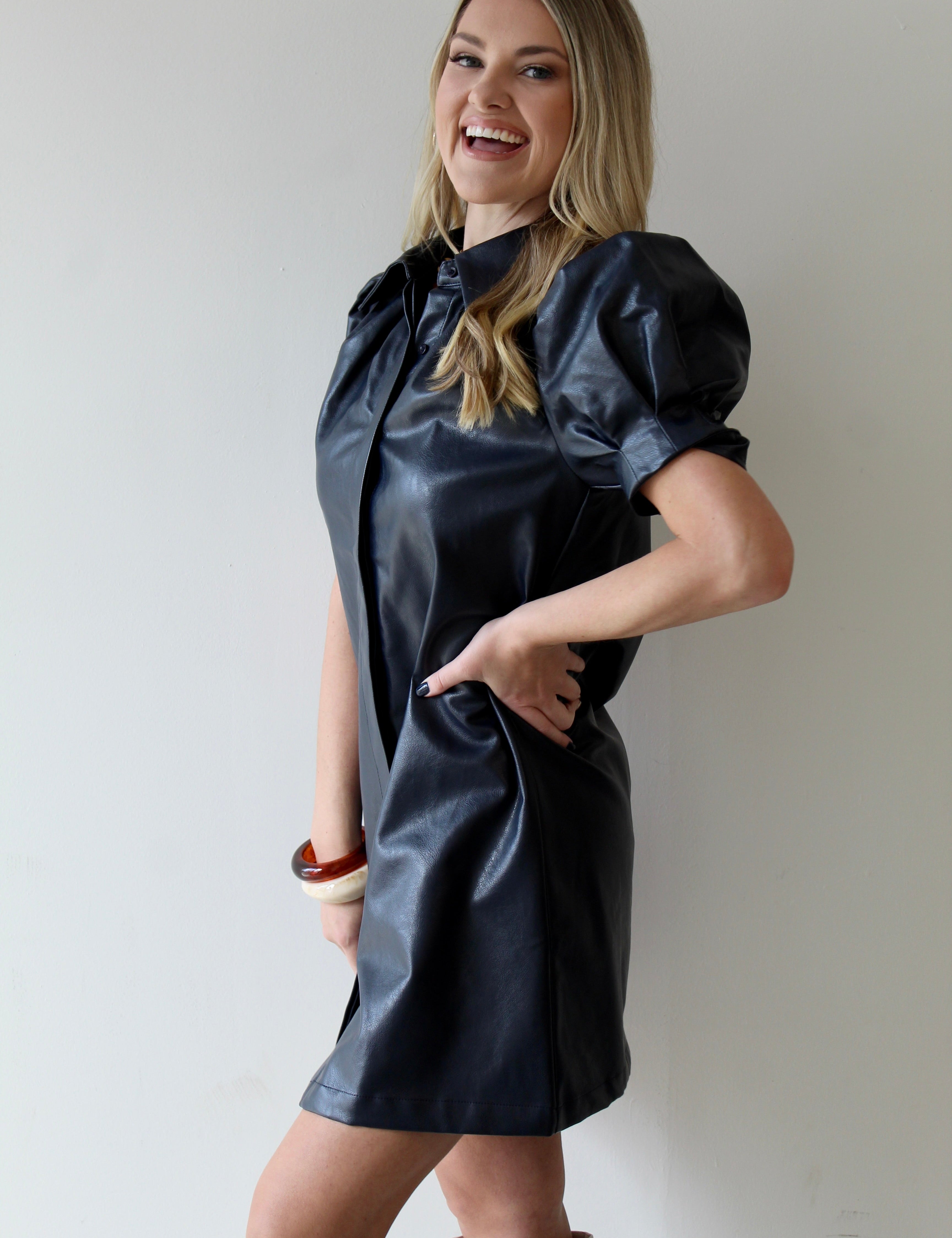 Vegan Leather Mini Dress - Navy