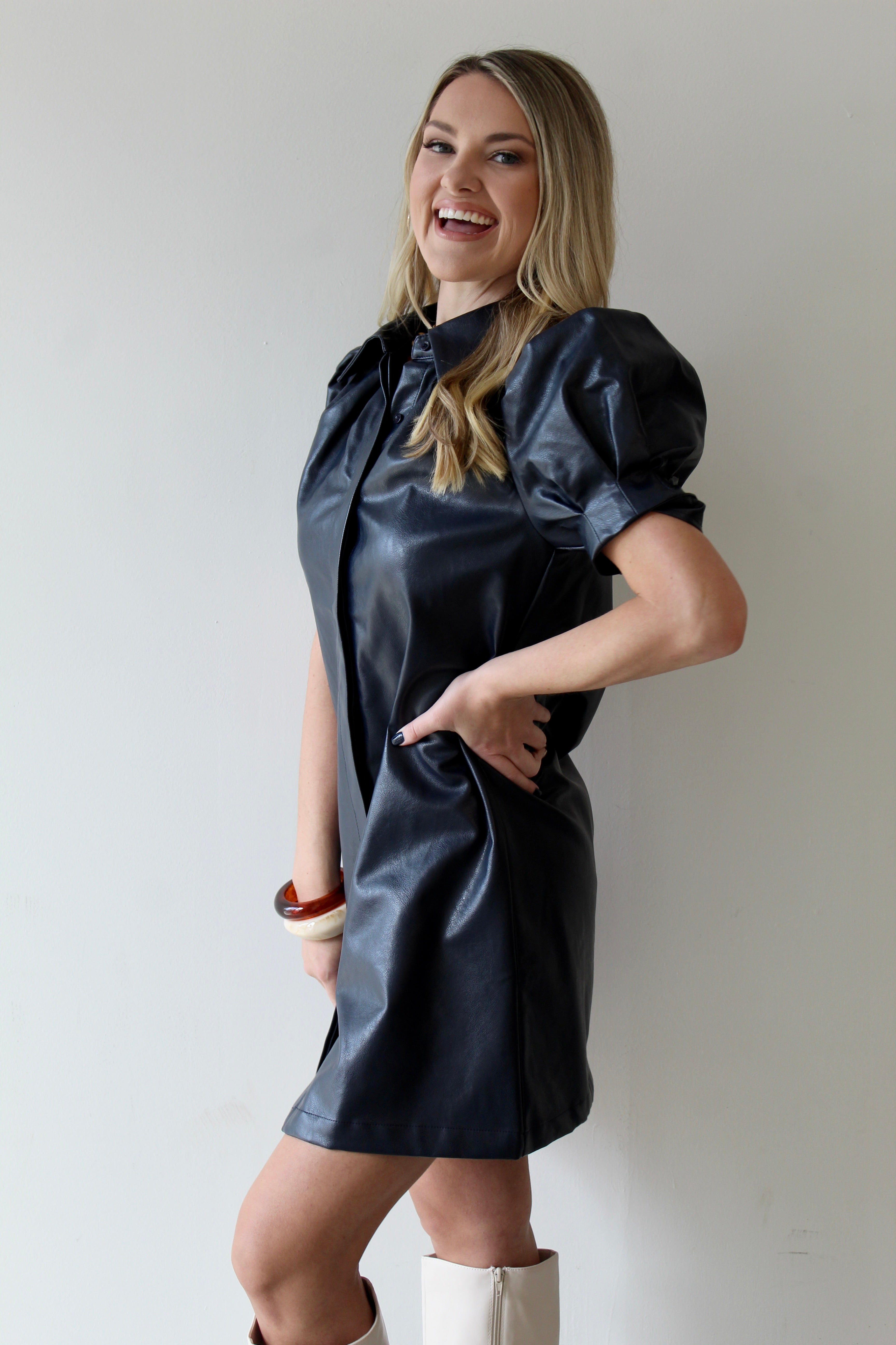 Vegan Leather Mini Dress - Navy